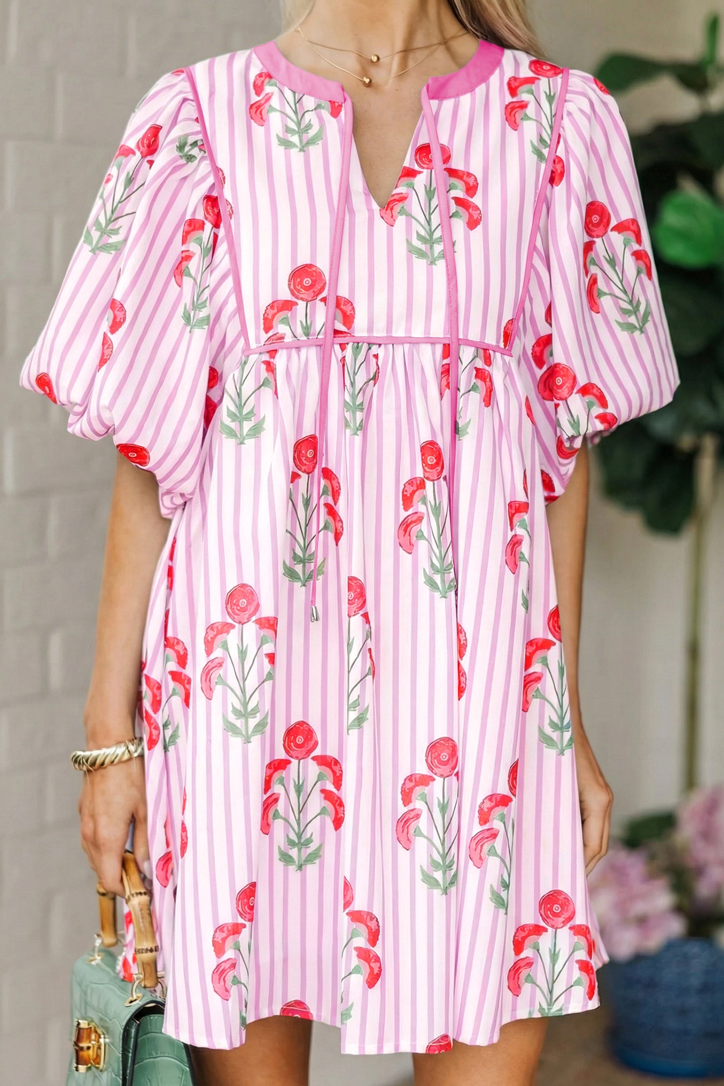 Floral Striped Print Tie Notched Neck Puff Sleeve Flared Mini Dress