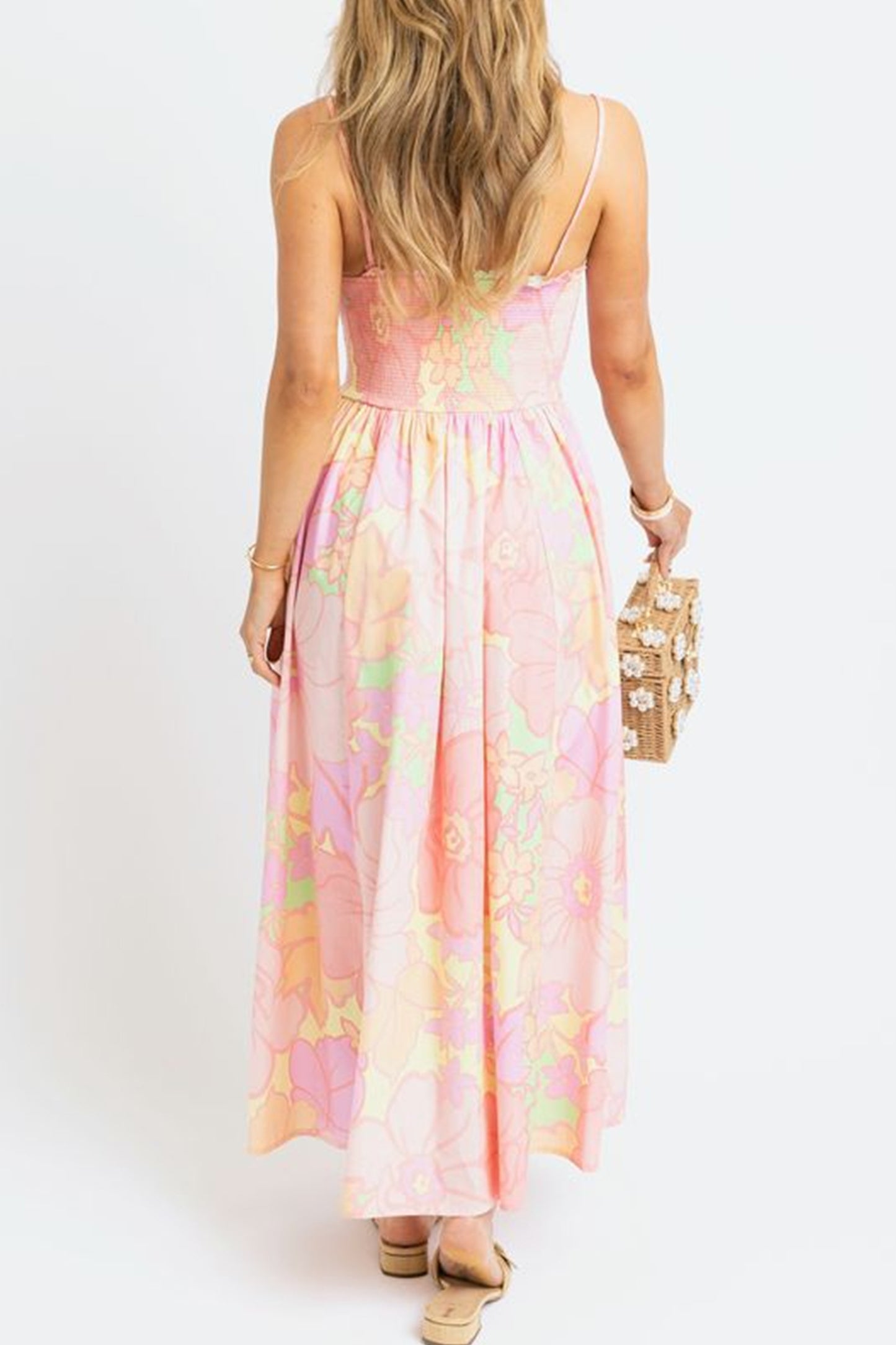 Floral Shirred High Waist Dress