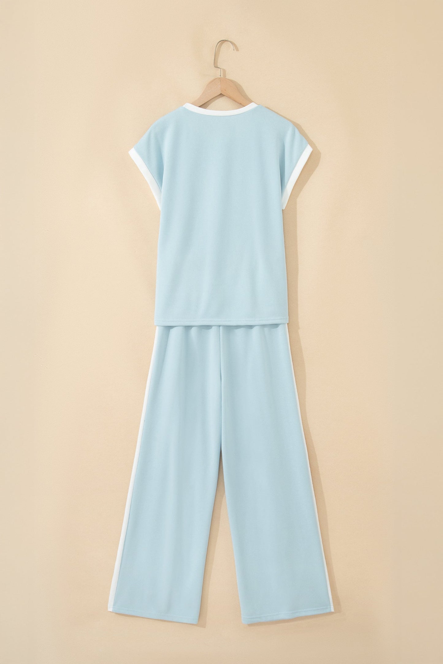 Mist Blue Contrast Trim Wide Leg Pant Set