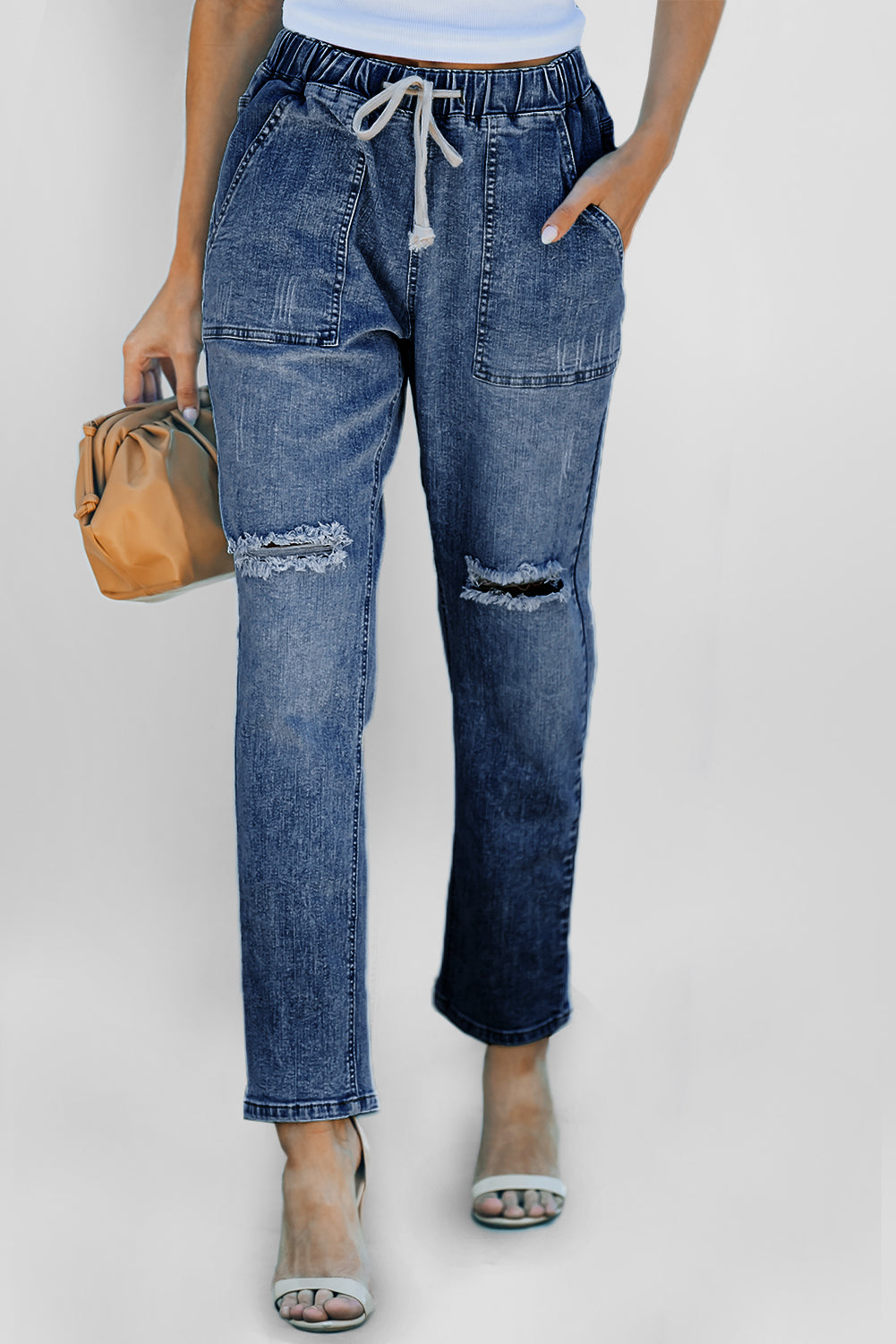 Distressed Pocketed Denim Jogger