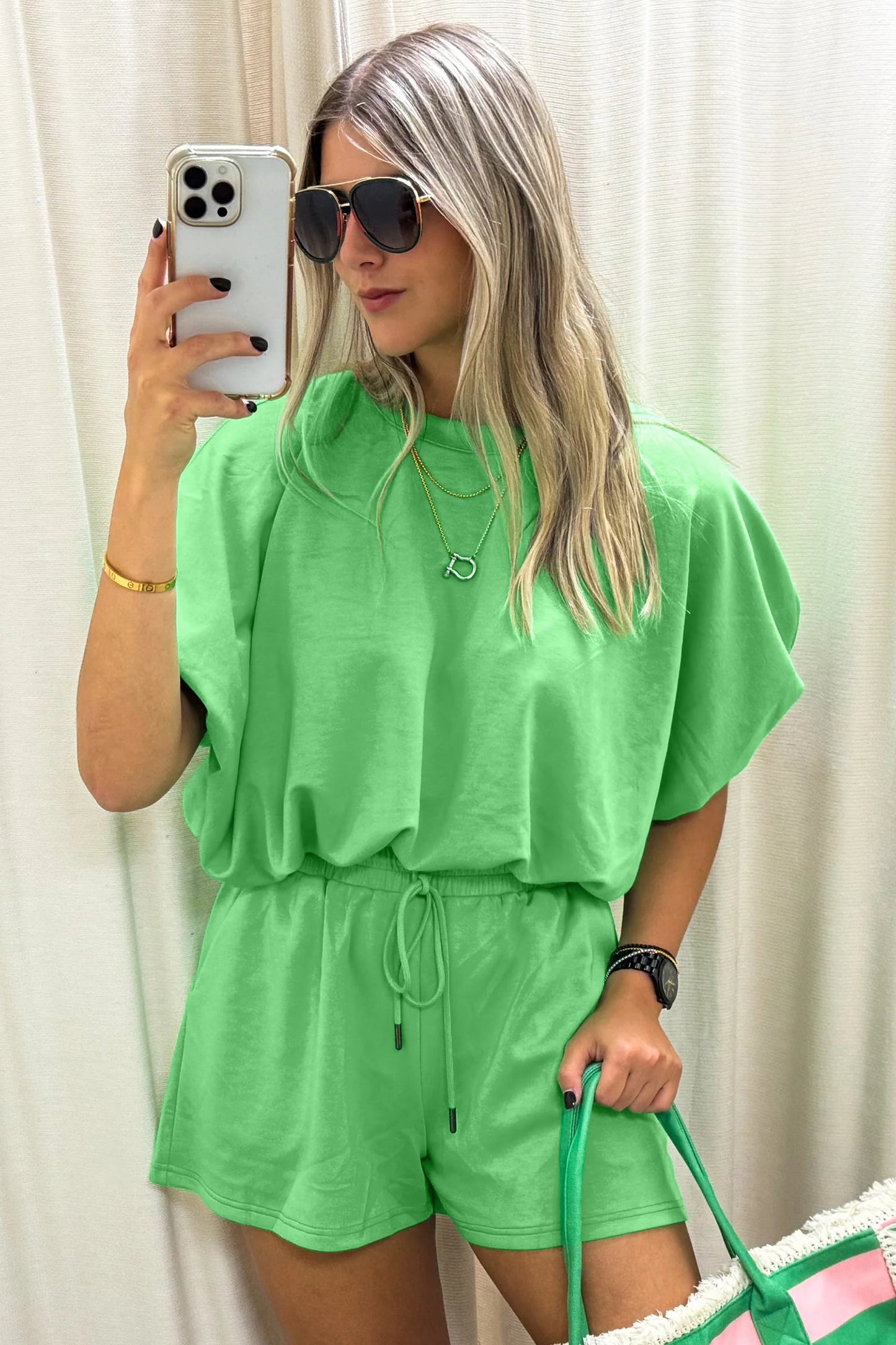 Green Puffy Loose Top and Shorts Set