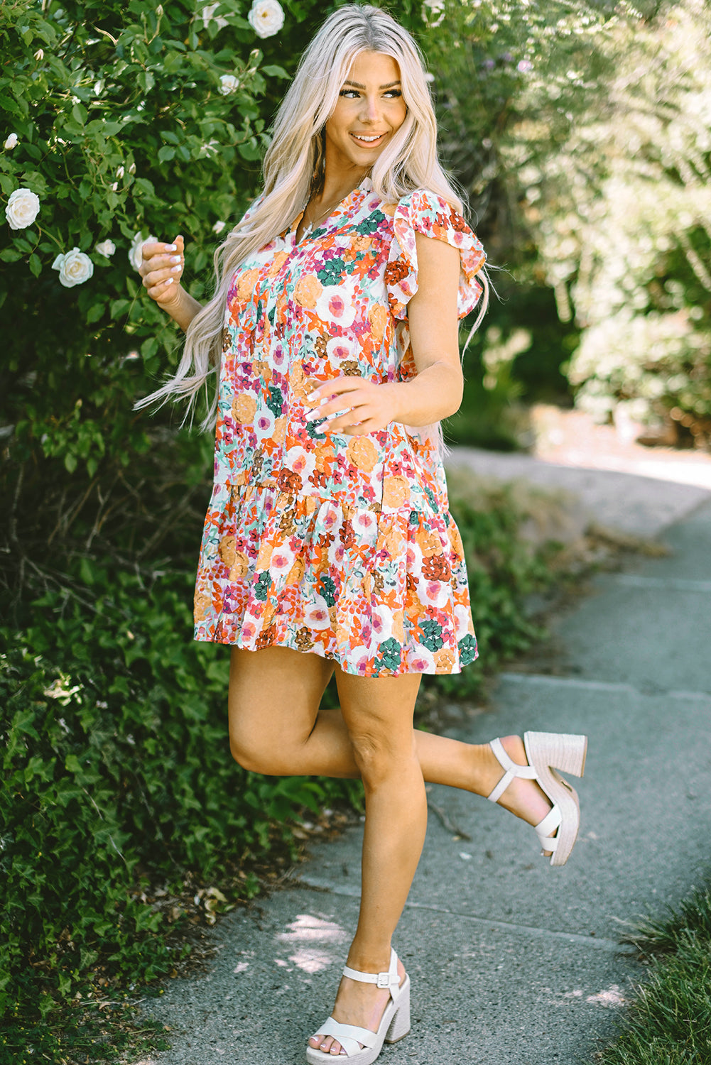 Floral Print Flutter Sleeve Dress