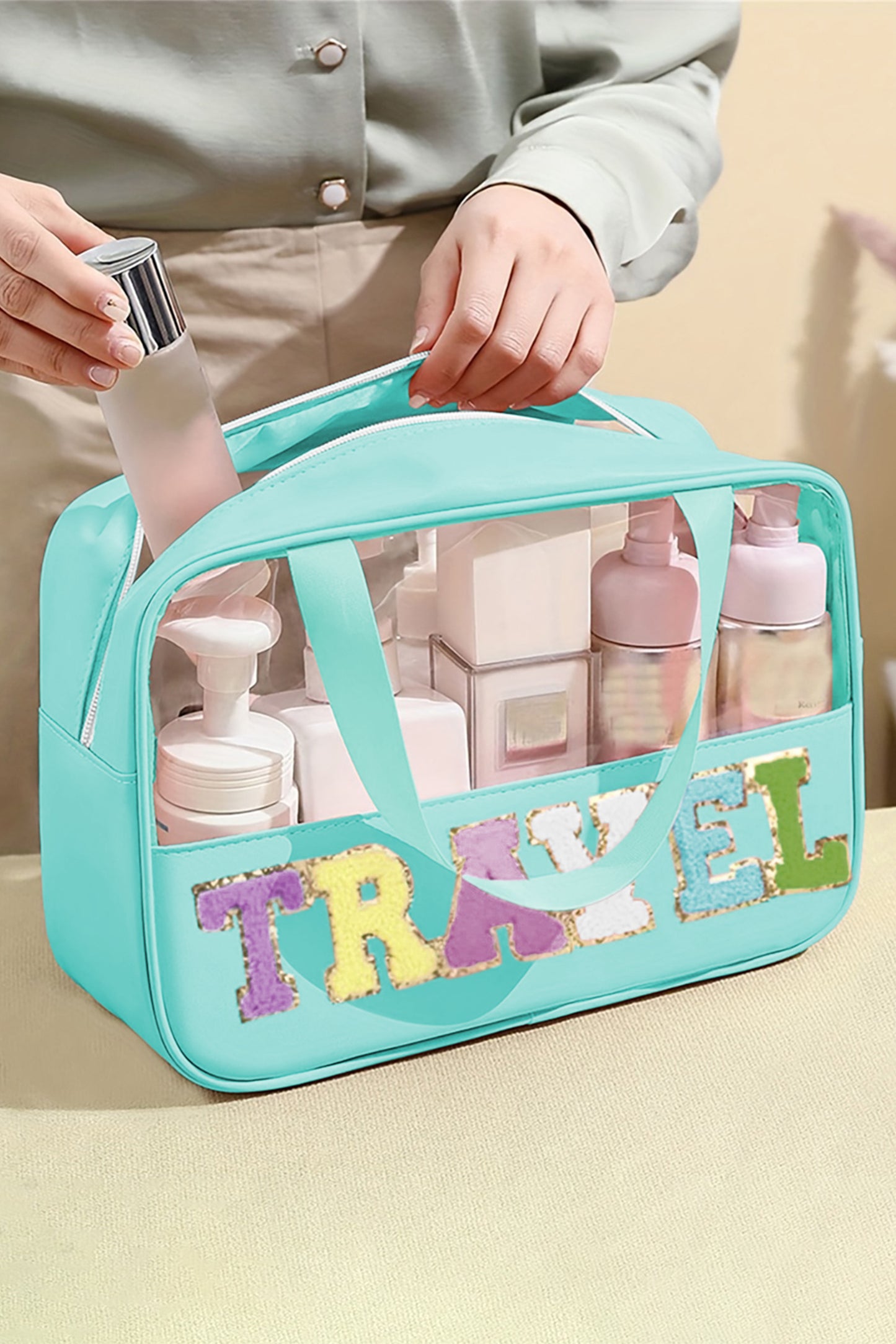 TRAVEL Chenille Letter Clear PVC Makeup Bag