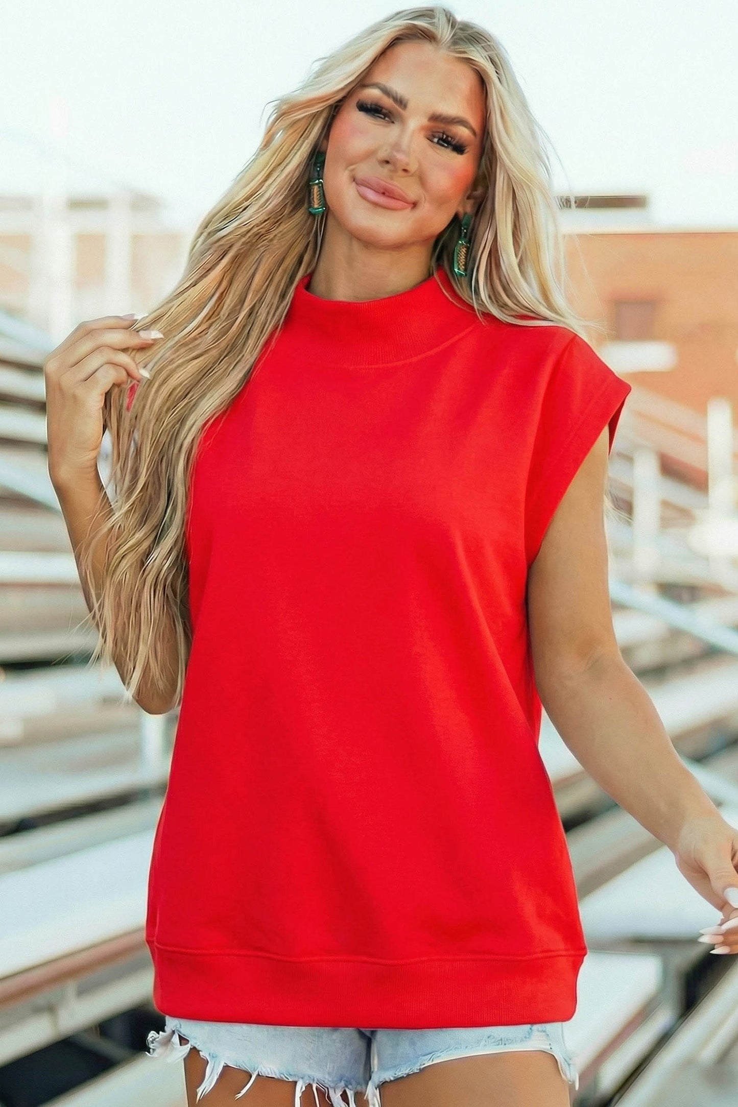 High Neck Cap Sleeve Loose Top