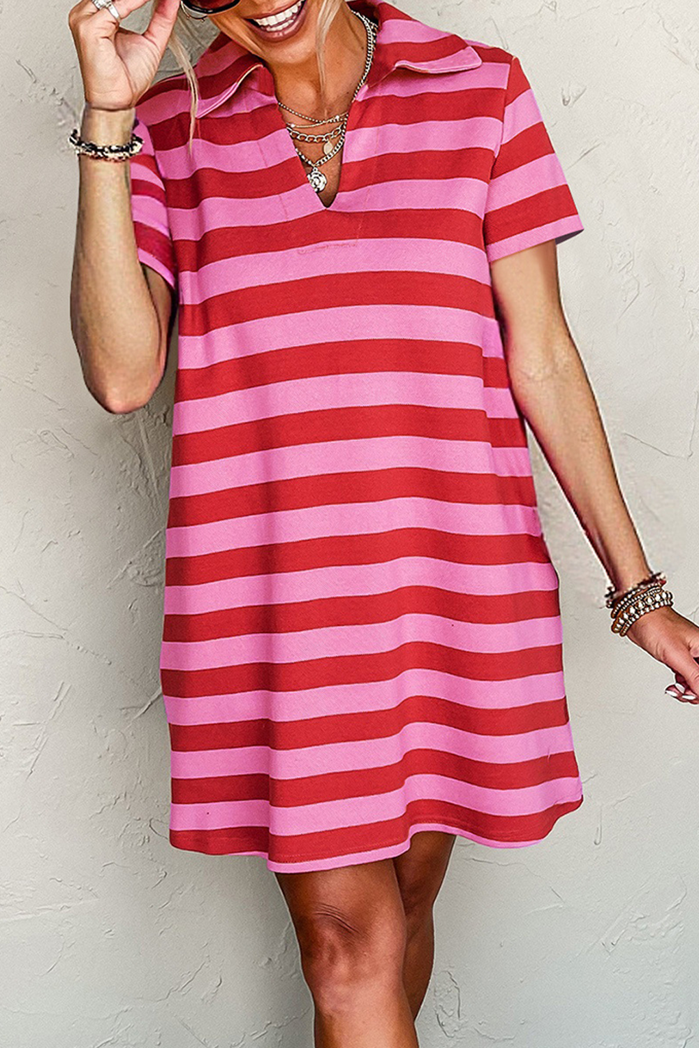 Textured Knit Collared V Neck Shift T Shirt Dress