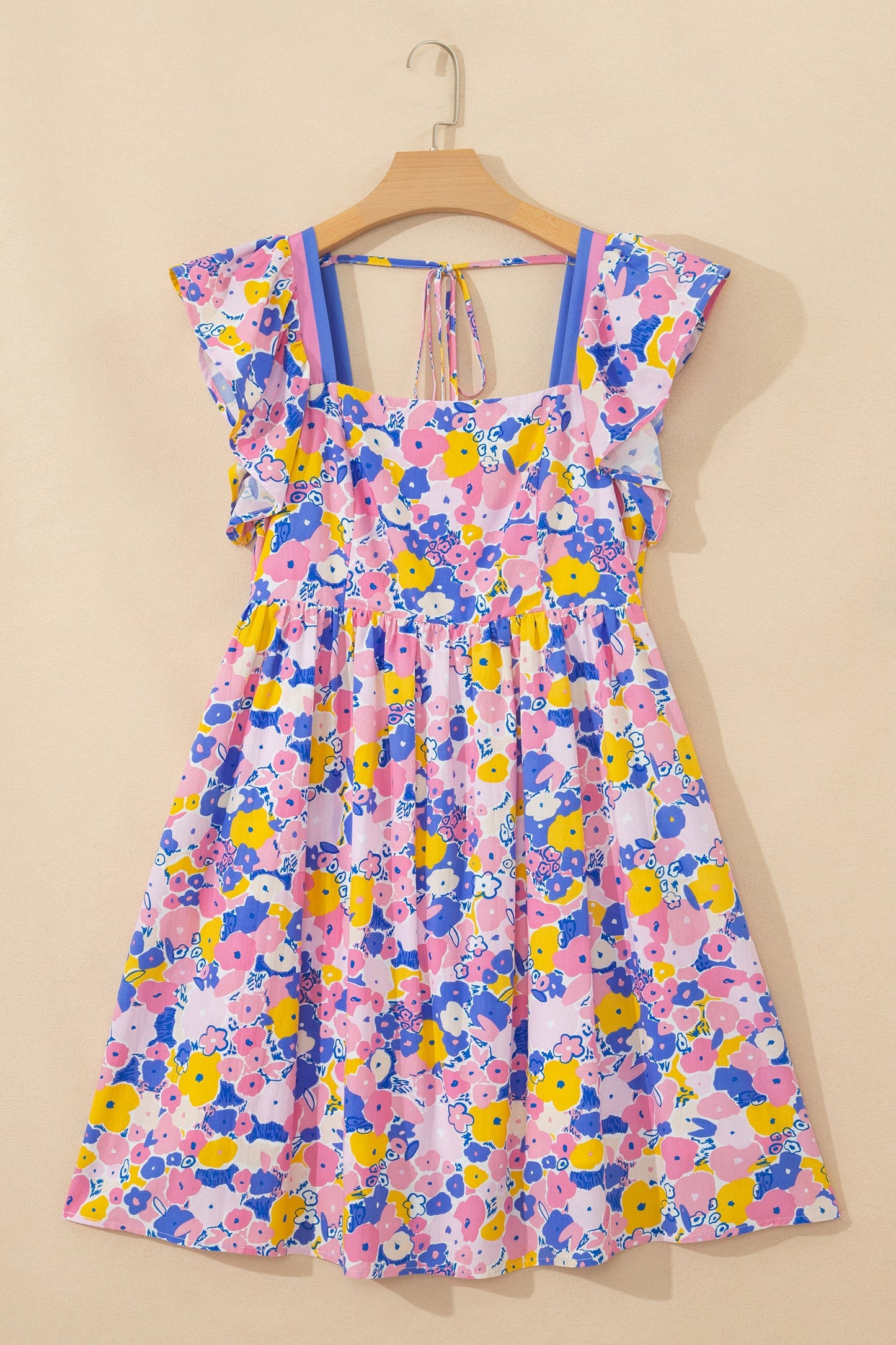 Floral Print Flutter Sleeve Striped Trim Dress