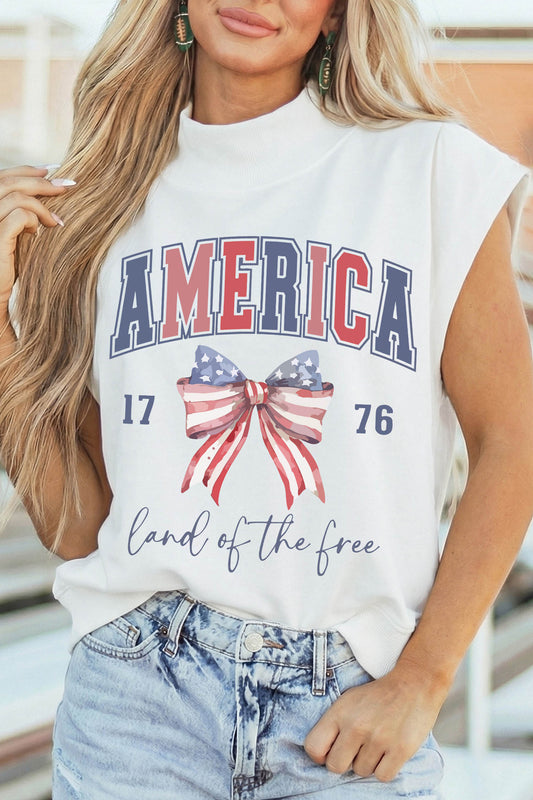 White Patriotic Slogan America Flag Print Mock Neck Tee