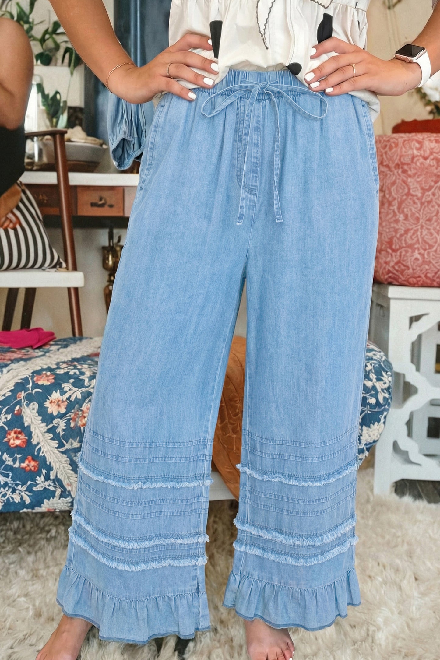 Ruffled Hem Wide Leg Chambray Pants