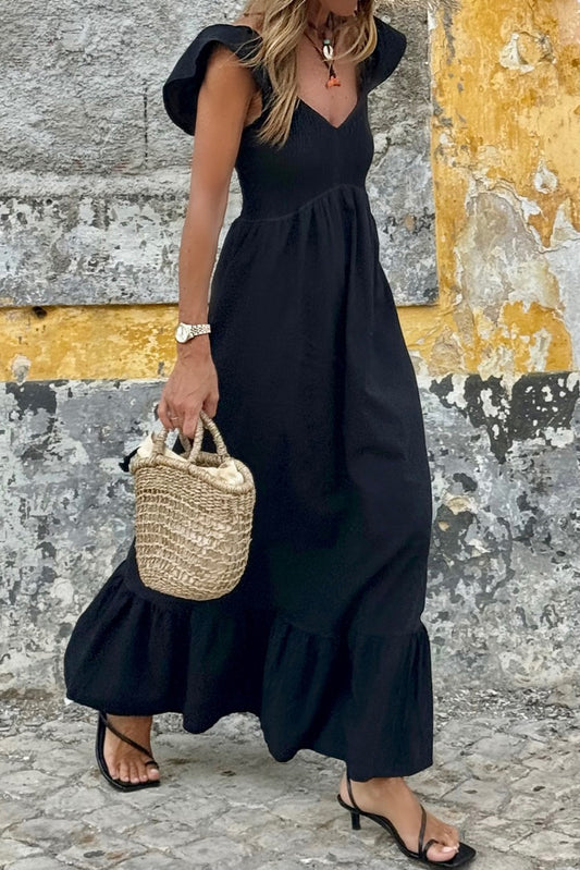 V Neck Flutter Sleeve Smocked Bodice High Waist Ruffle Maxi Dress