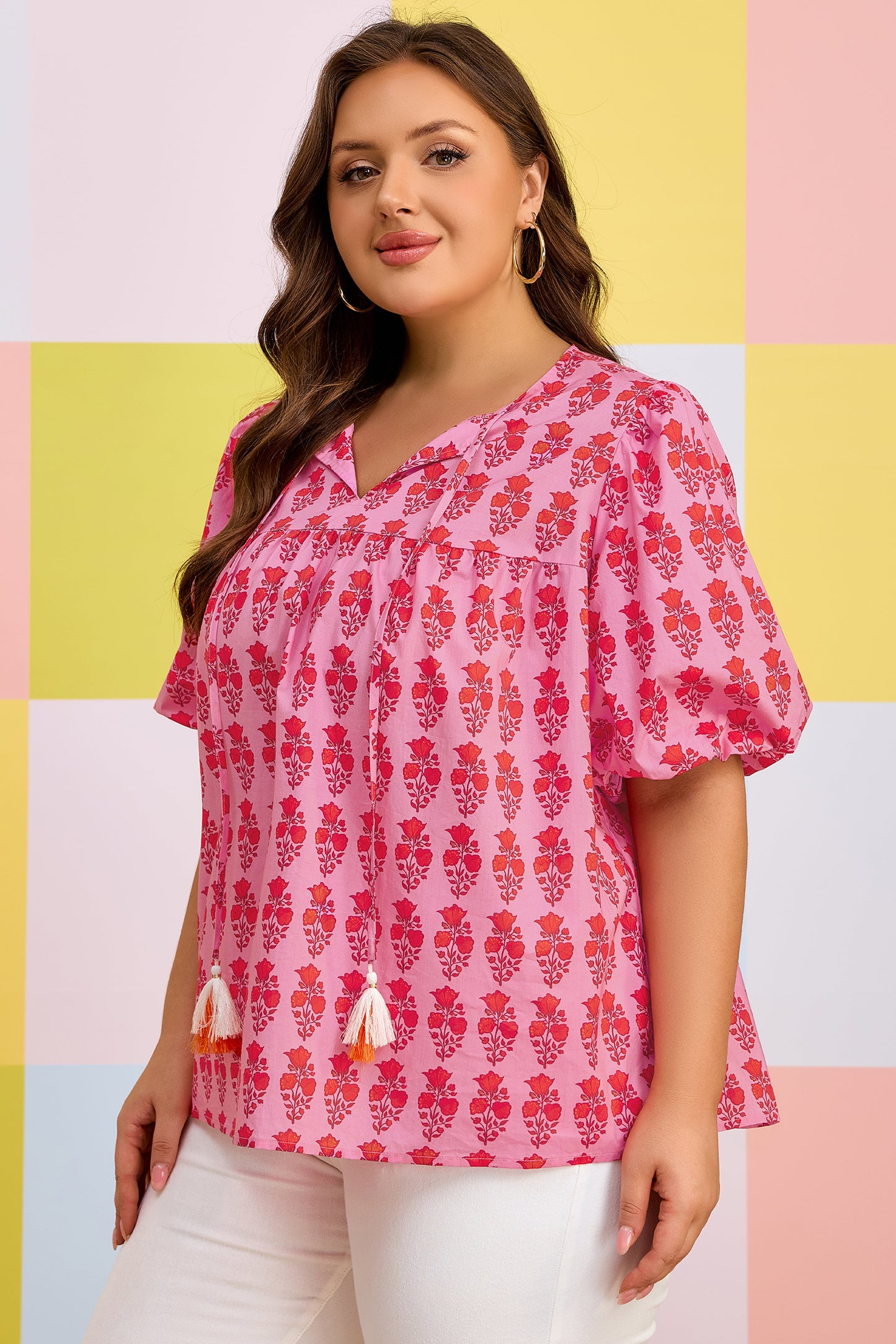 Floral Print Tassel Tie Puff Sleeve Blouse