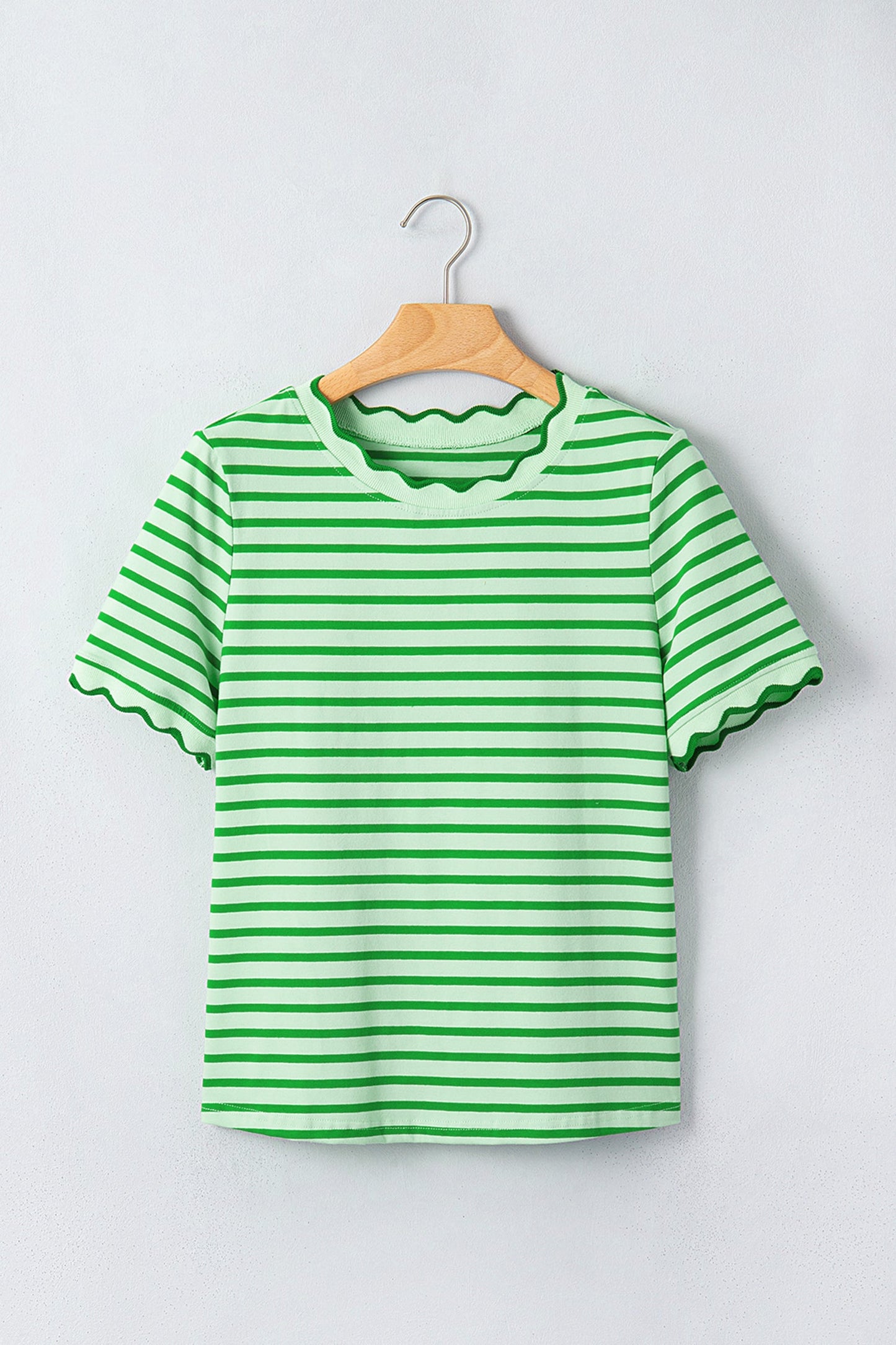 Green Stripe Scalloped Trim Round Neck T Shirt