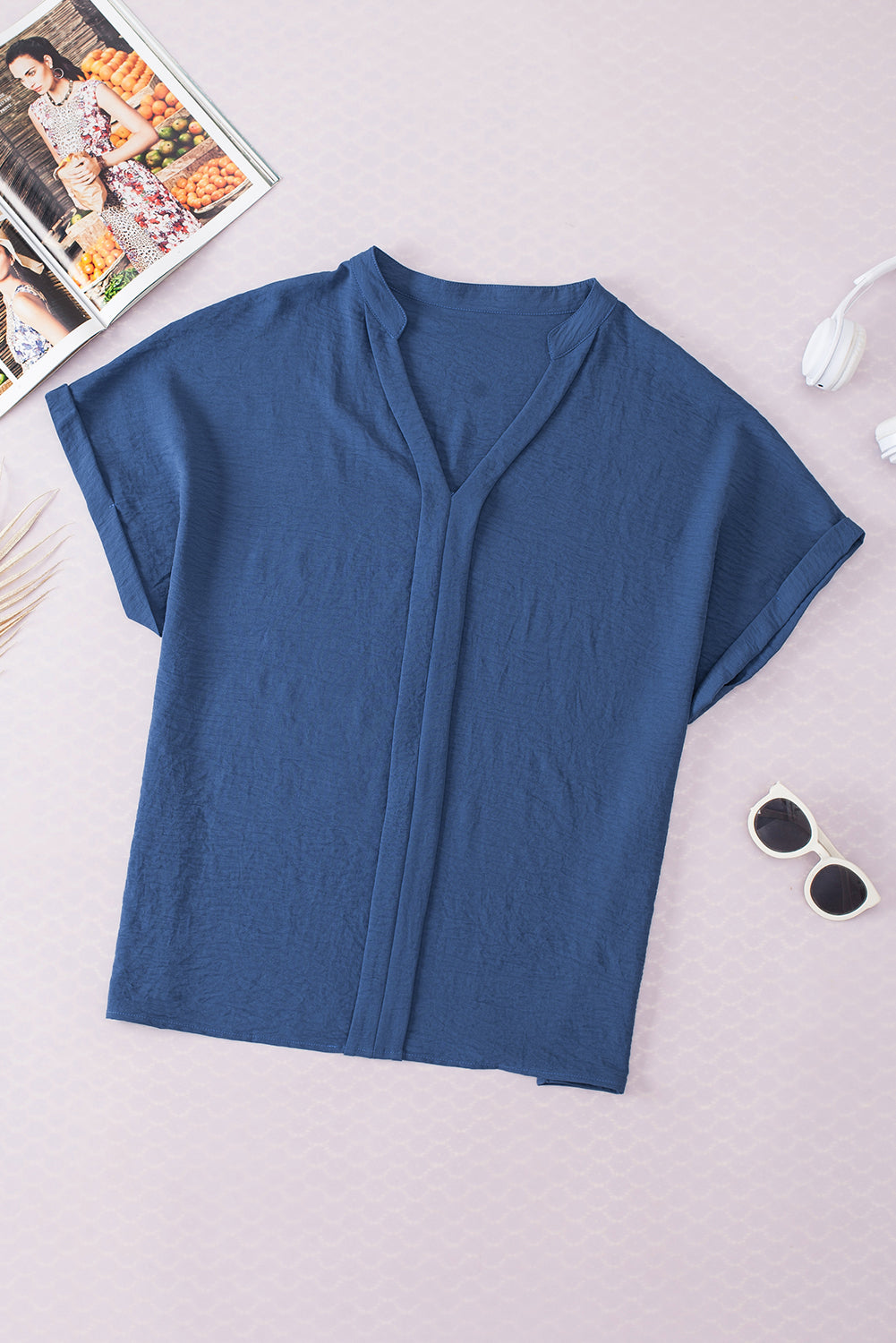 Notched Neck Batwing Sleeve Lightweight Blouse