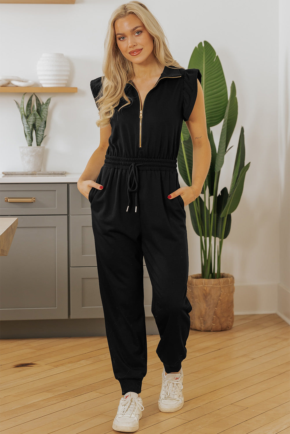 Black Zipper Flutter Sleeve Elastic Waistband Jumpsuit