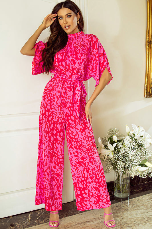 Rose Leopard Belted Wide Leg Jumpsuit