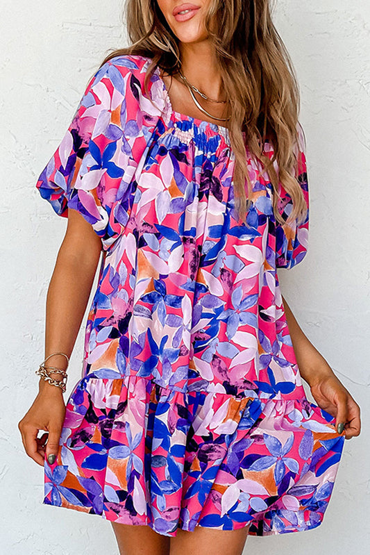 Flower Print Puff Sleeve Ruffled Dress