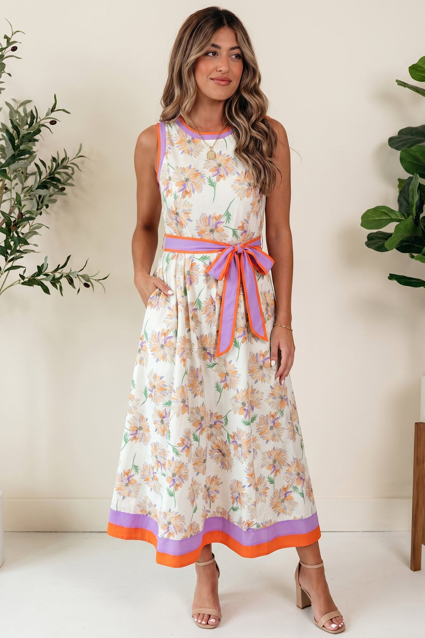 White Floral Print Color Block Trim Belted Sleeveless Maxi Dress