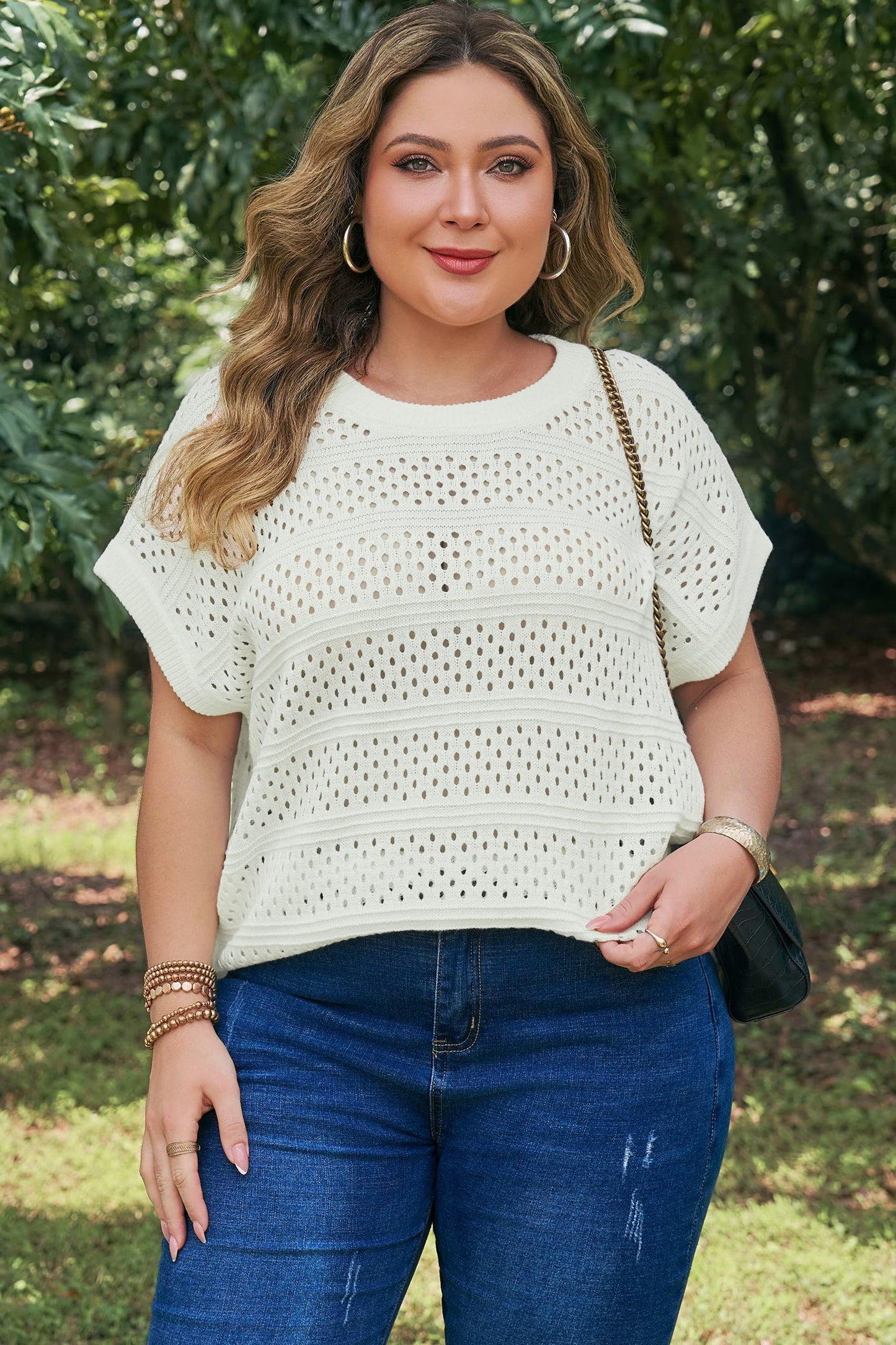 Eyelet Ribbed Trim Short Sleeve Dolman Sweater
