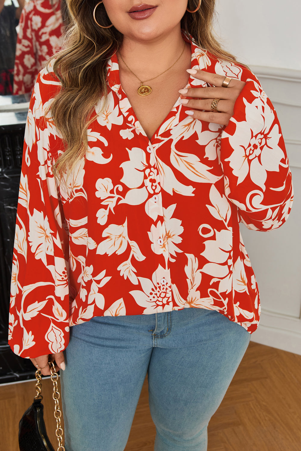Floral Print Loose Button Up Shirt