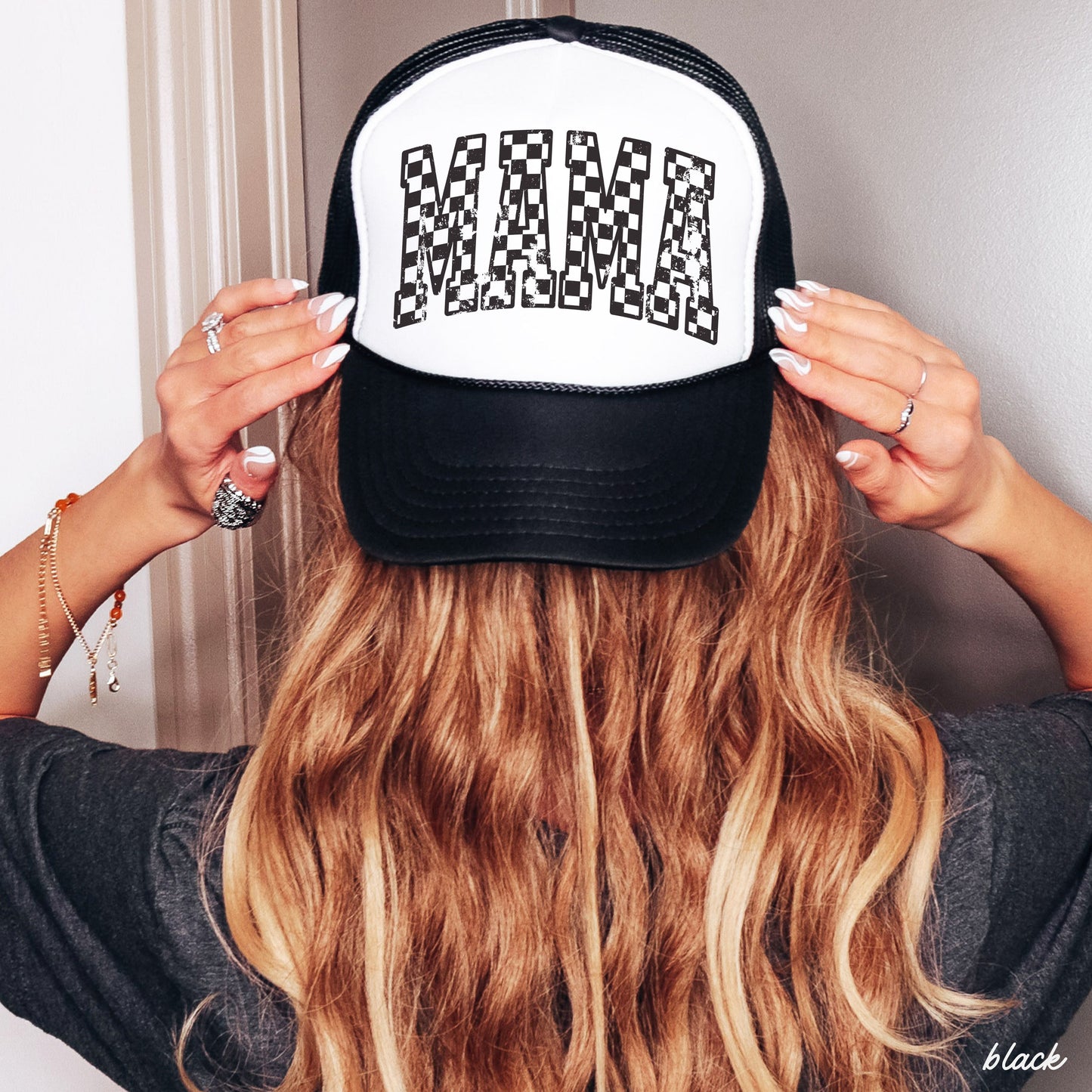 Checkered Mama Outline Trucker Hat *9 COLORS