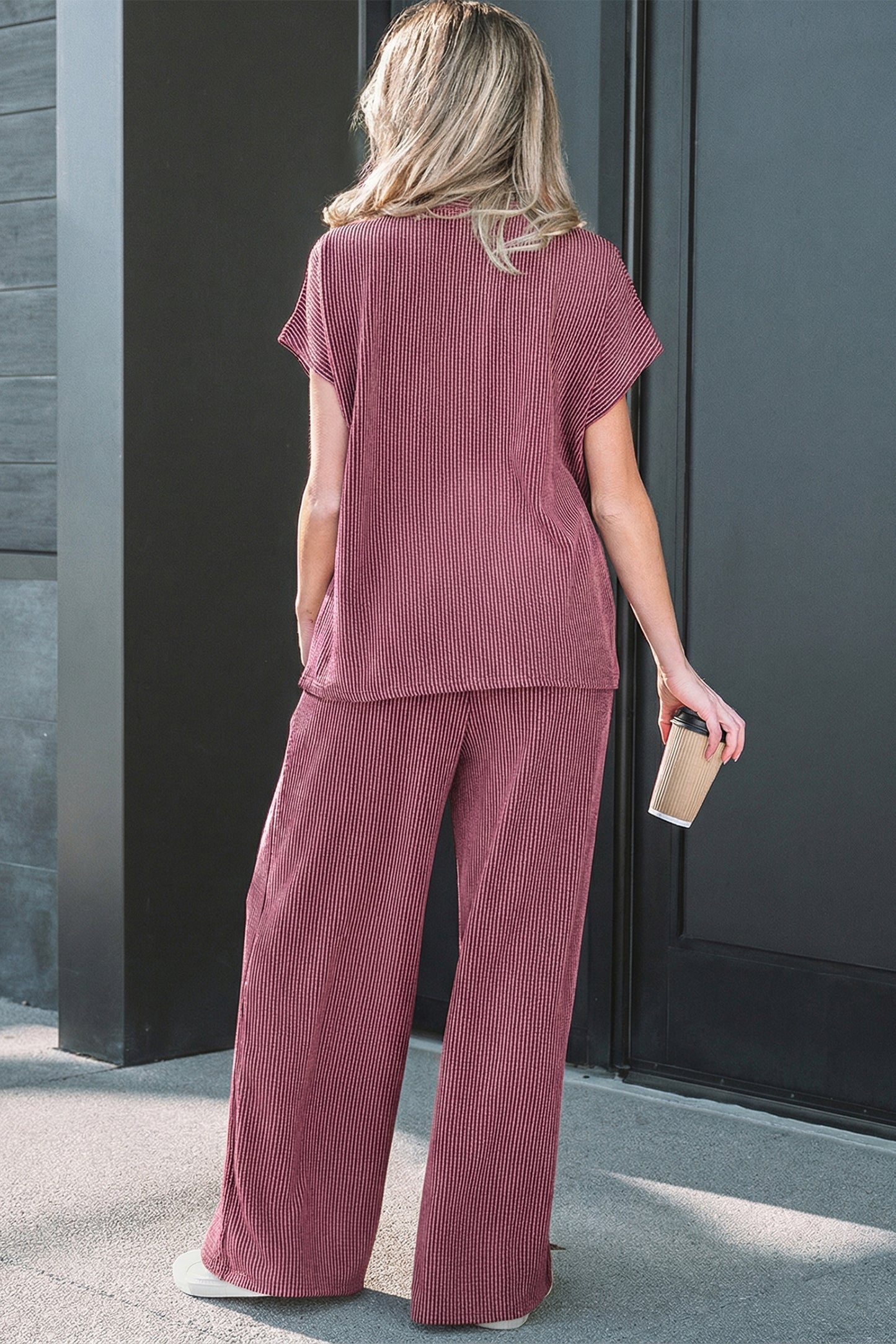 Dark Grey Twisted Ribbed High Neck Loose Tee Elastic High Waist Loose Pant Set