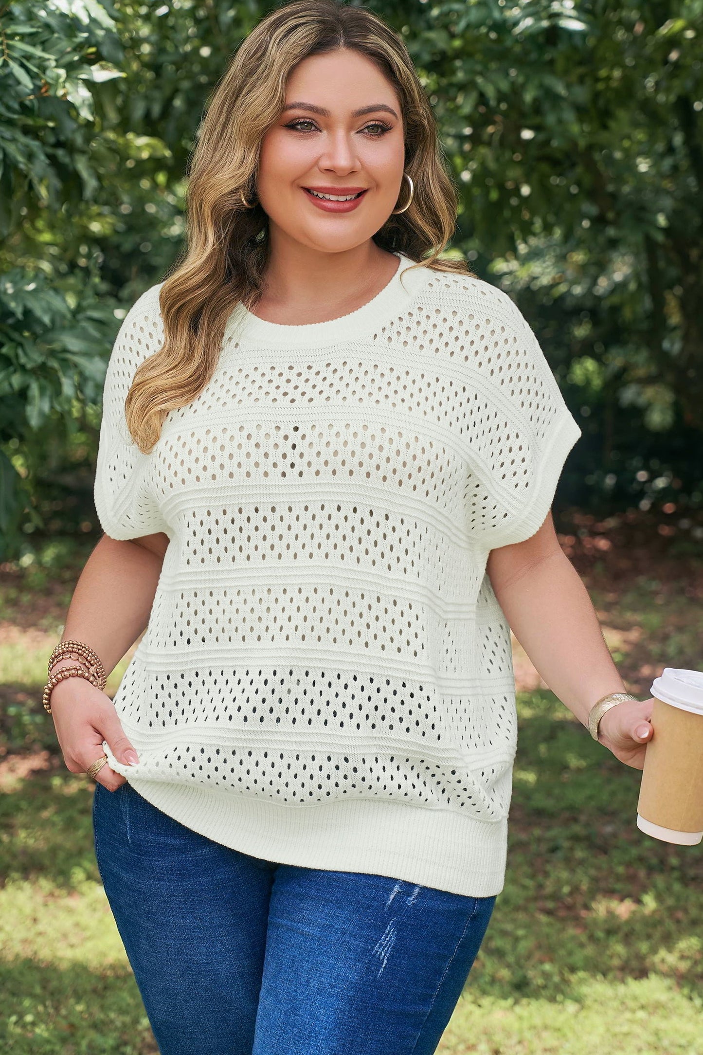 Eyelet Ribbed Trim Short Sleeve Dolman Sweater