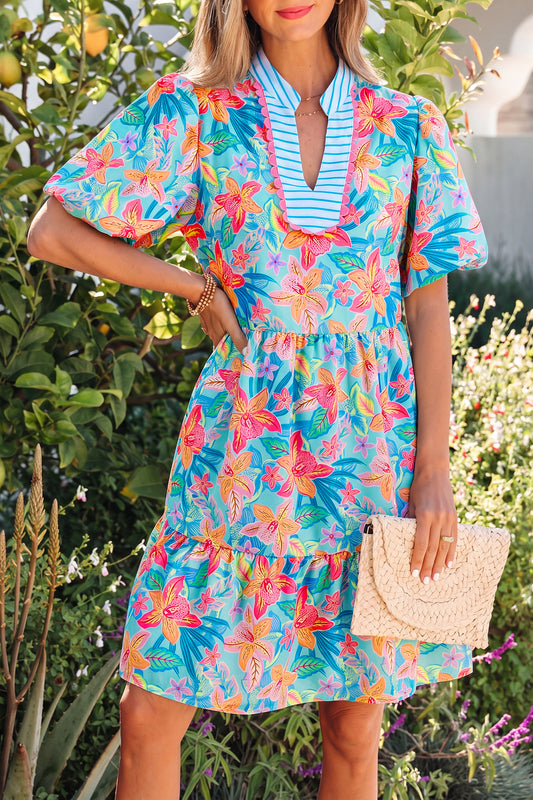 Multicolour Floral Print Contrast Scallop Striped Trim V Neck Dress