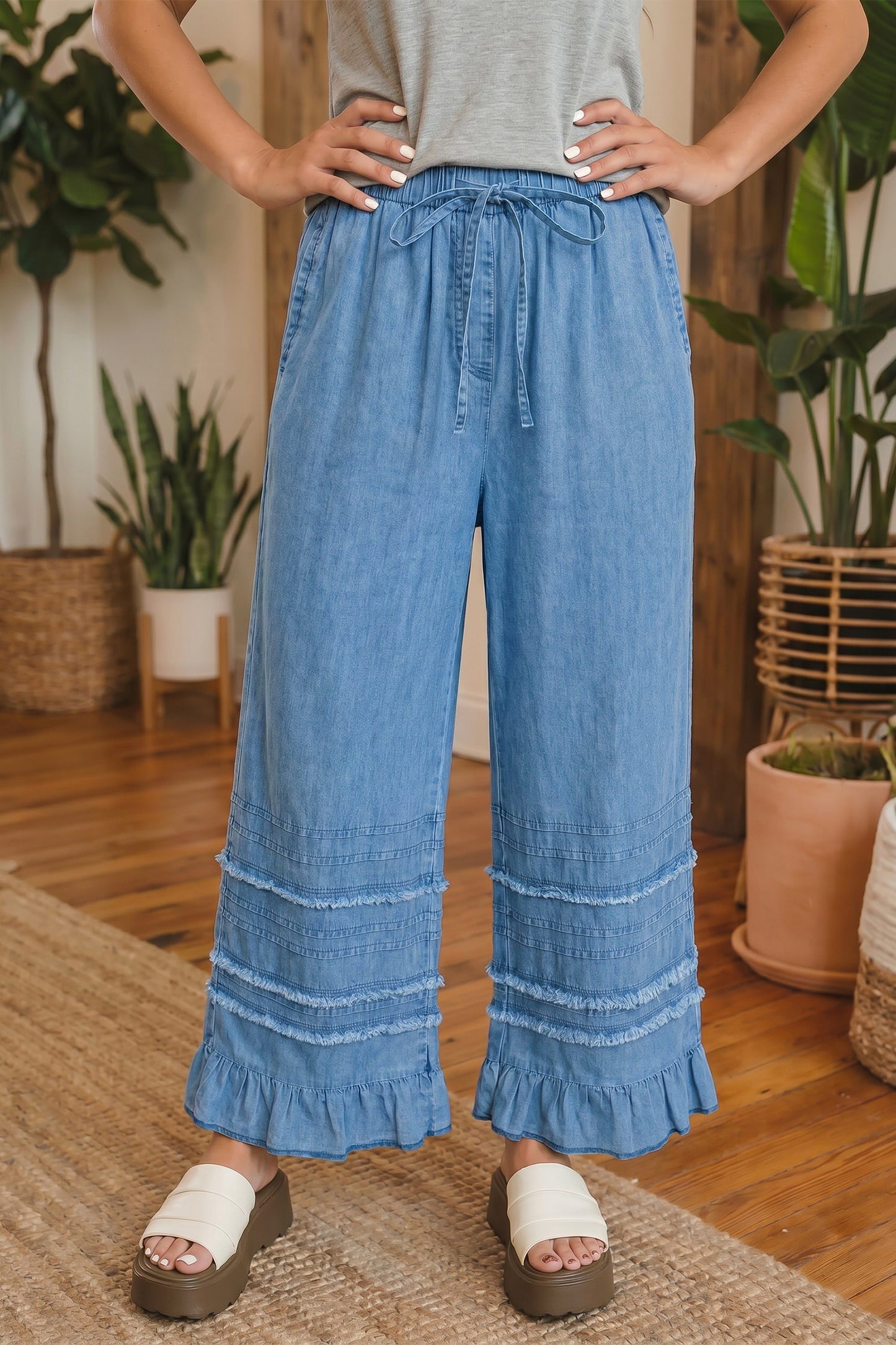 Ruffled Hem Wide Leg Chambray Pants