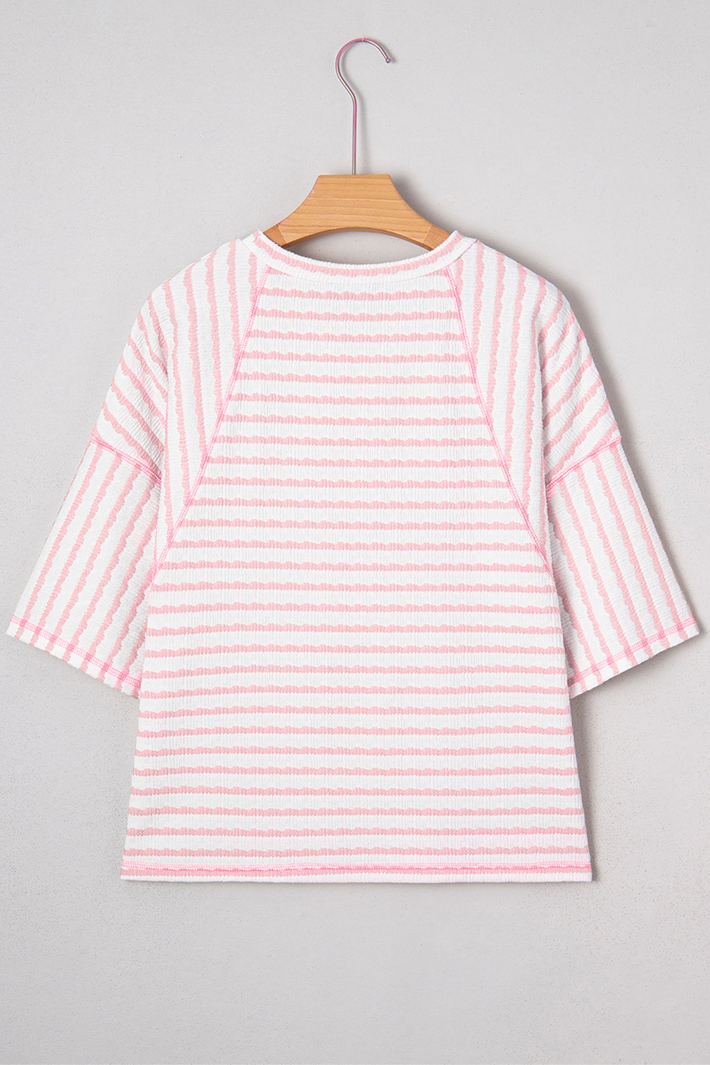 Pink Stripe Plus Size Textured Patchwork Detail Half Sleeve Top