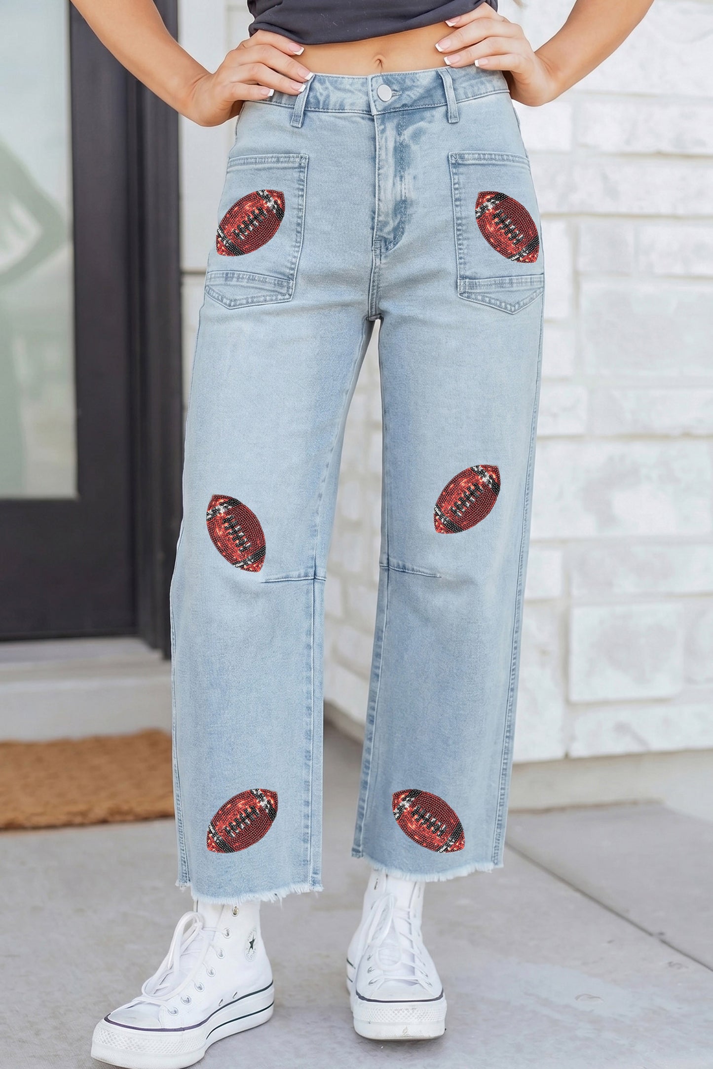 Sequin Football Pattern Raw Hem Jeans