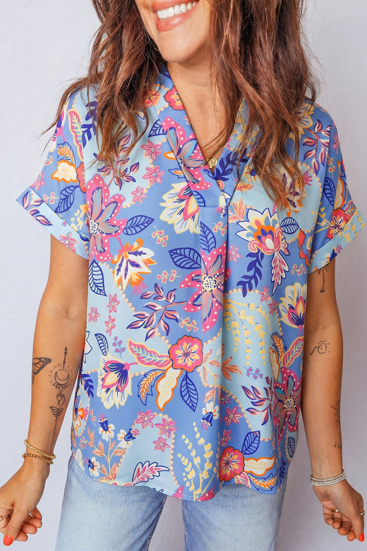Floral Print V Neck Short Sleeve Blouse