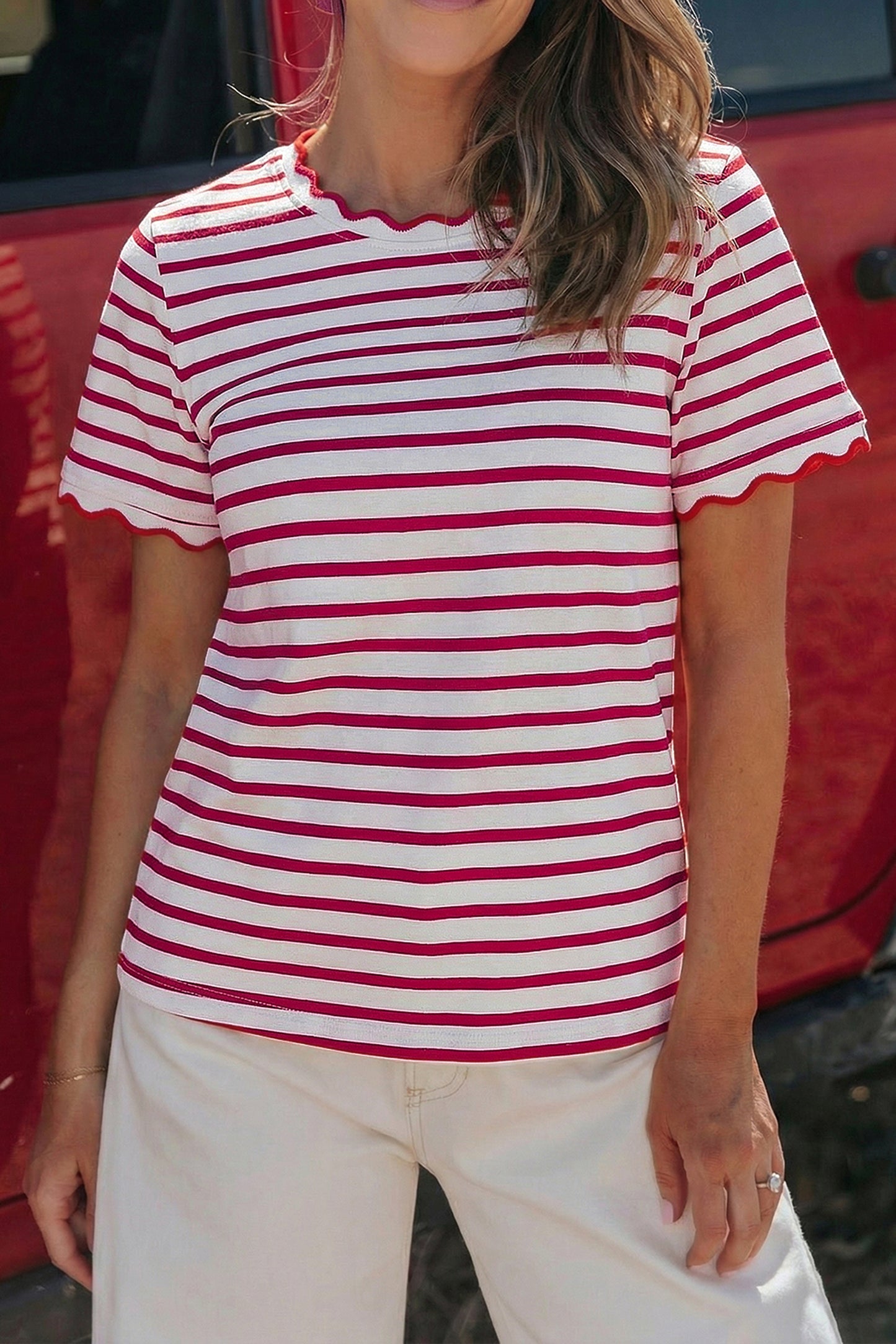 Pink Stripe Scalloped Trim Round Neck T Shirt