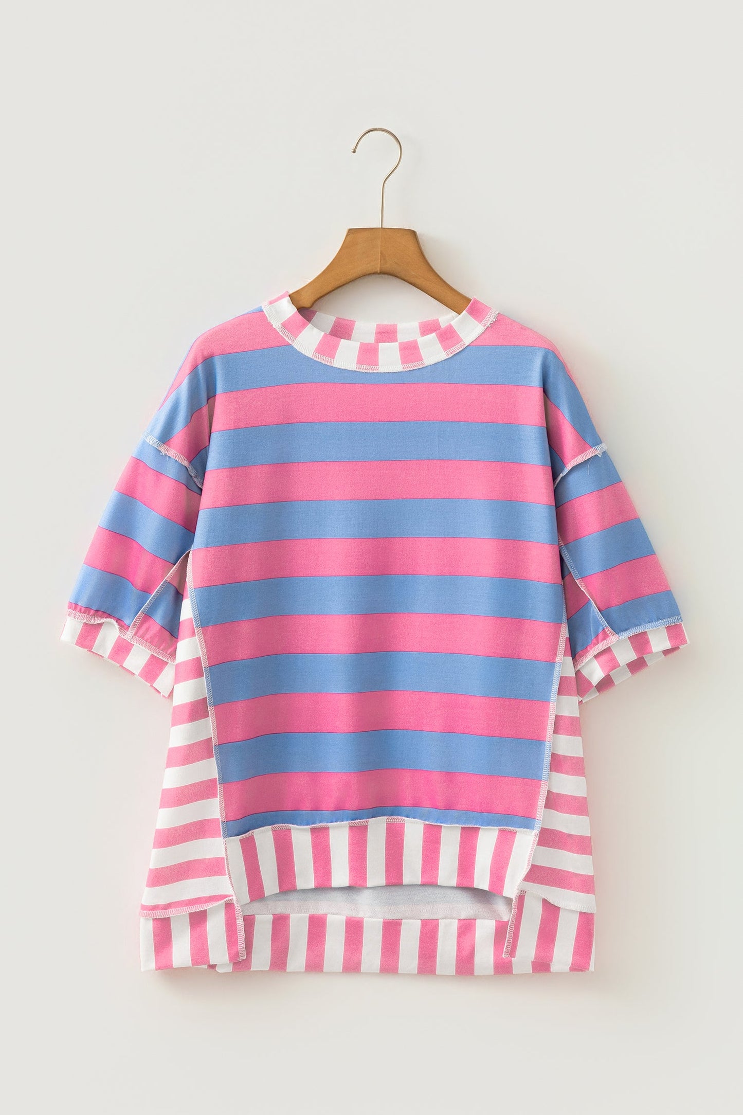 Yellow Stripe Exposed Seam Contrast Patchwork Oversized Top