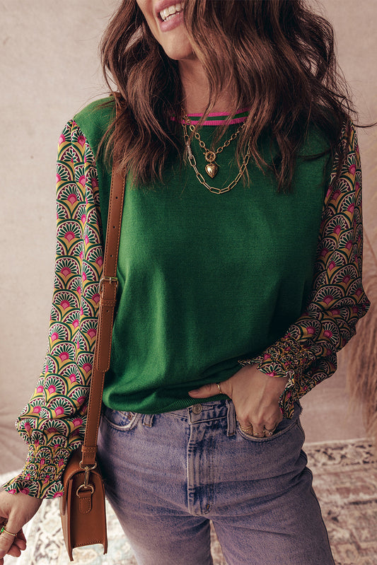 Blackish Green Floral Patchwork Shirred Cuff Puff Sleeve Sweater
