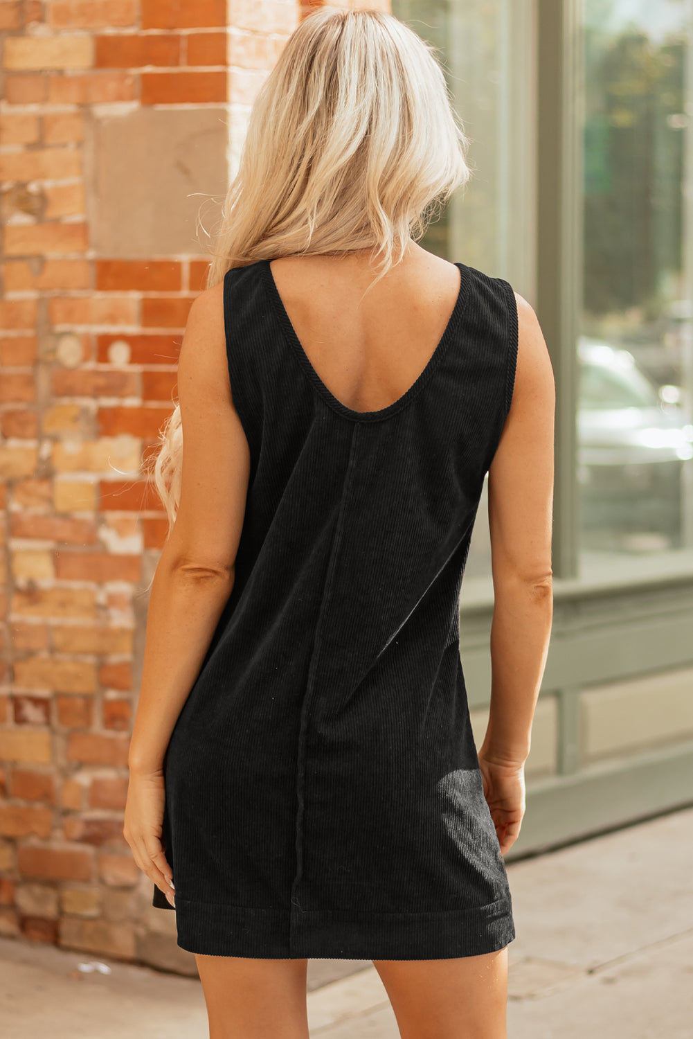 Rose Red Corduroy Sleeveless Mini Dress With Patched Pockets