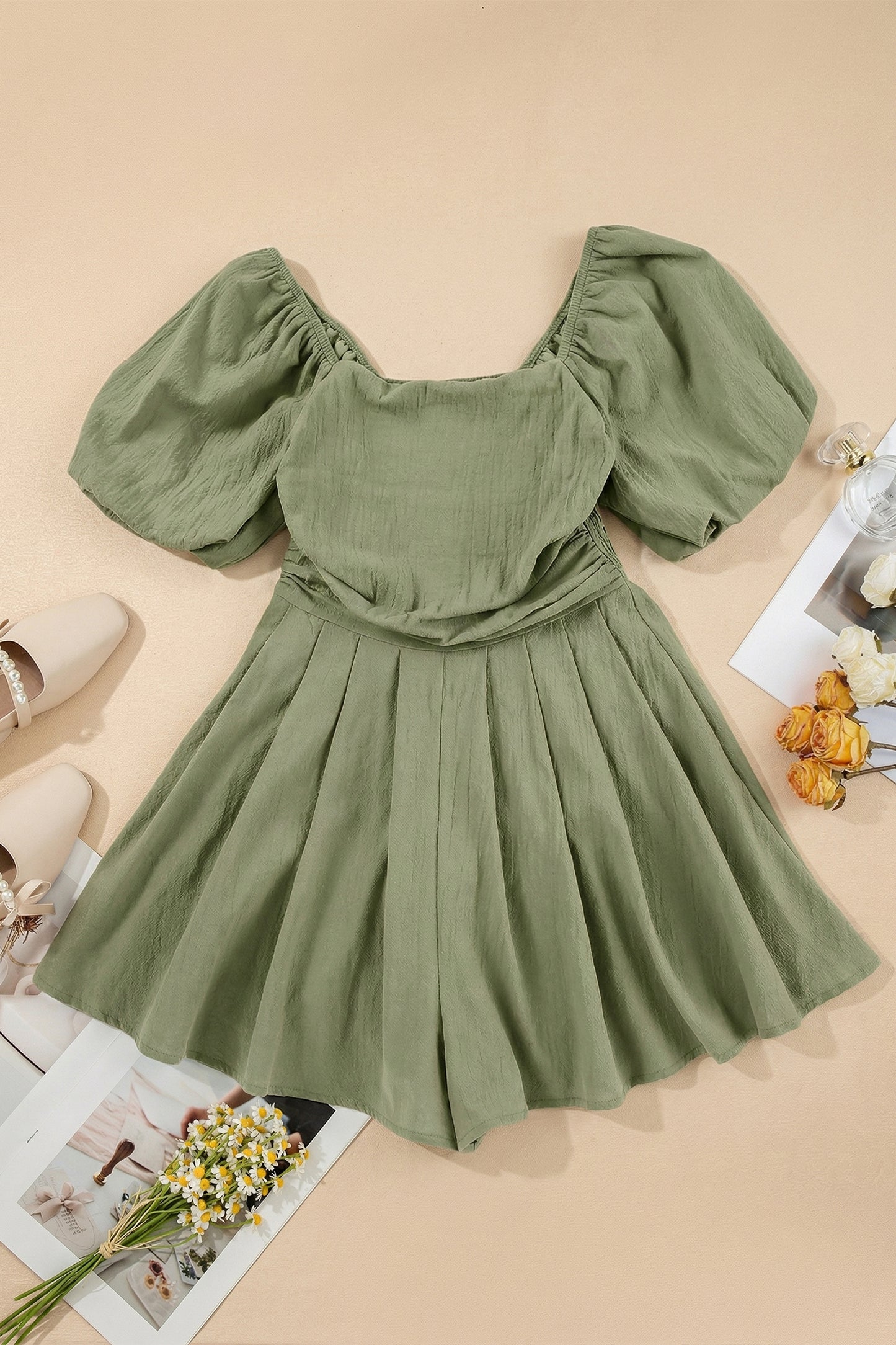 Ruched Puff Sleeve Romper