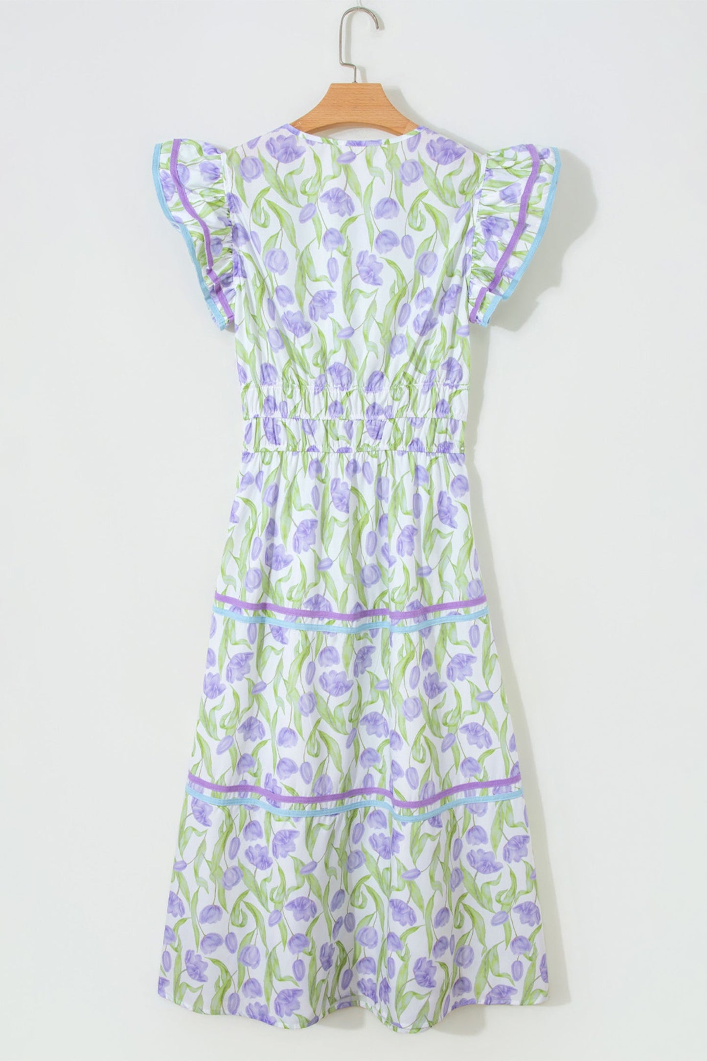Purple Tulip Floral Print Contrast Trim Midi Dress