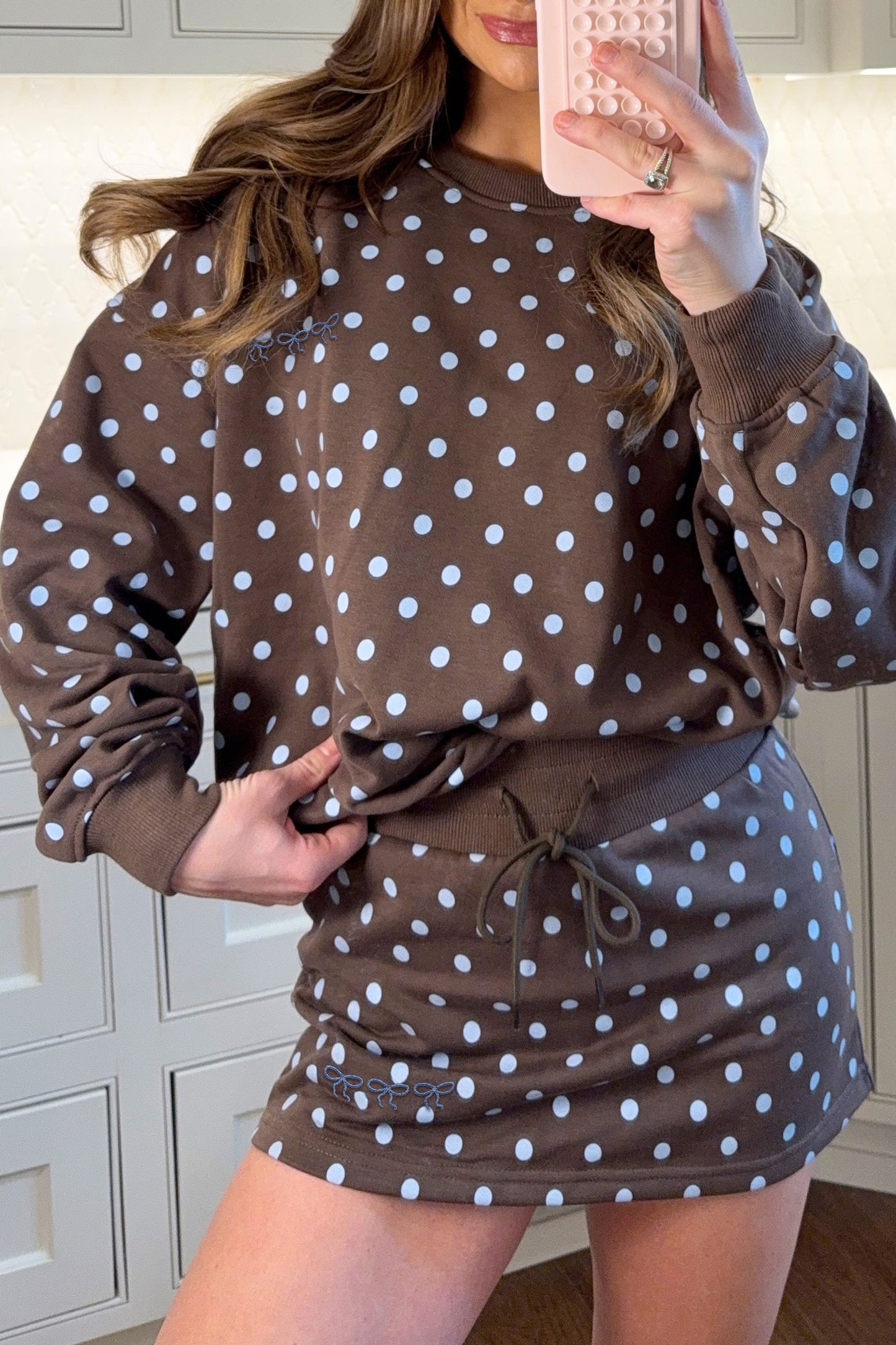 Polka Dot Embroidered Bow Detail Skort Set