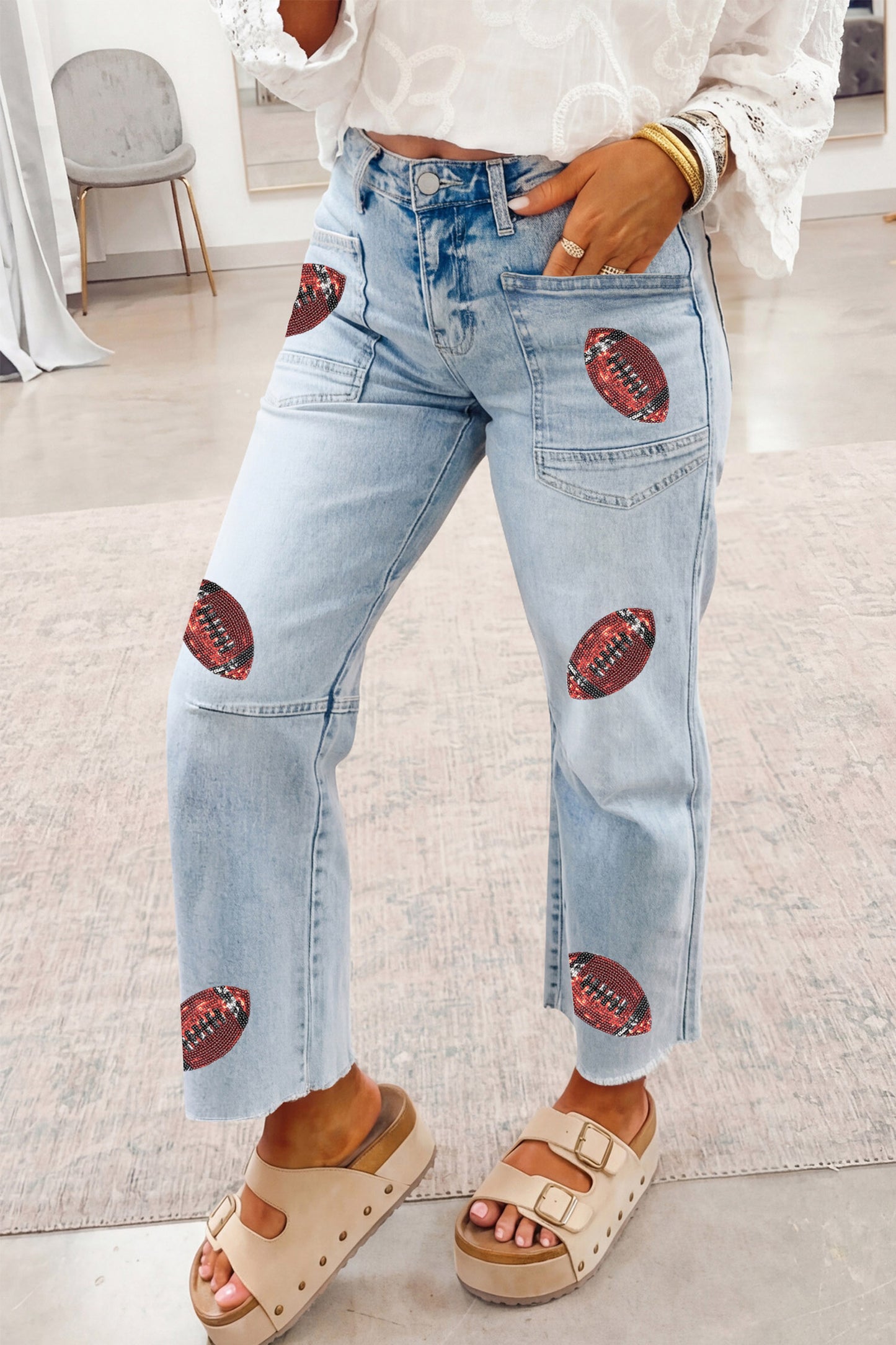 Sequin Football Pattern Raw Hem Jeans