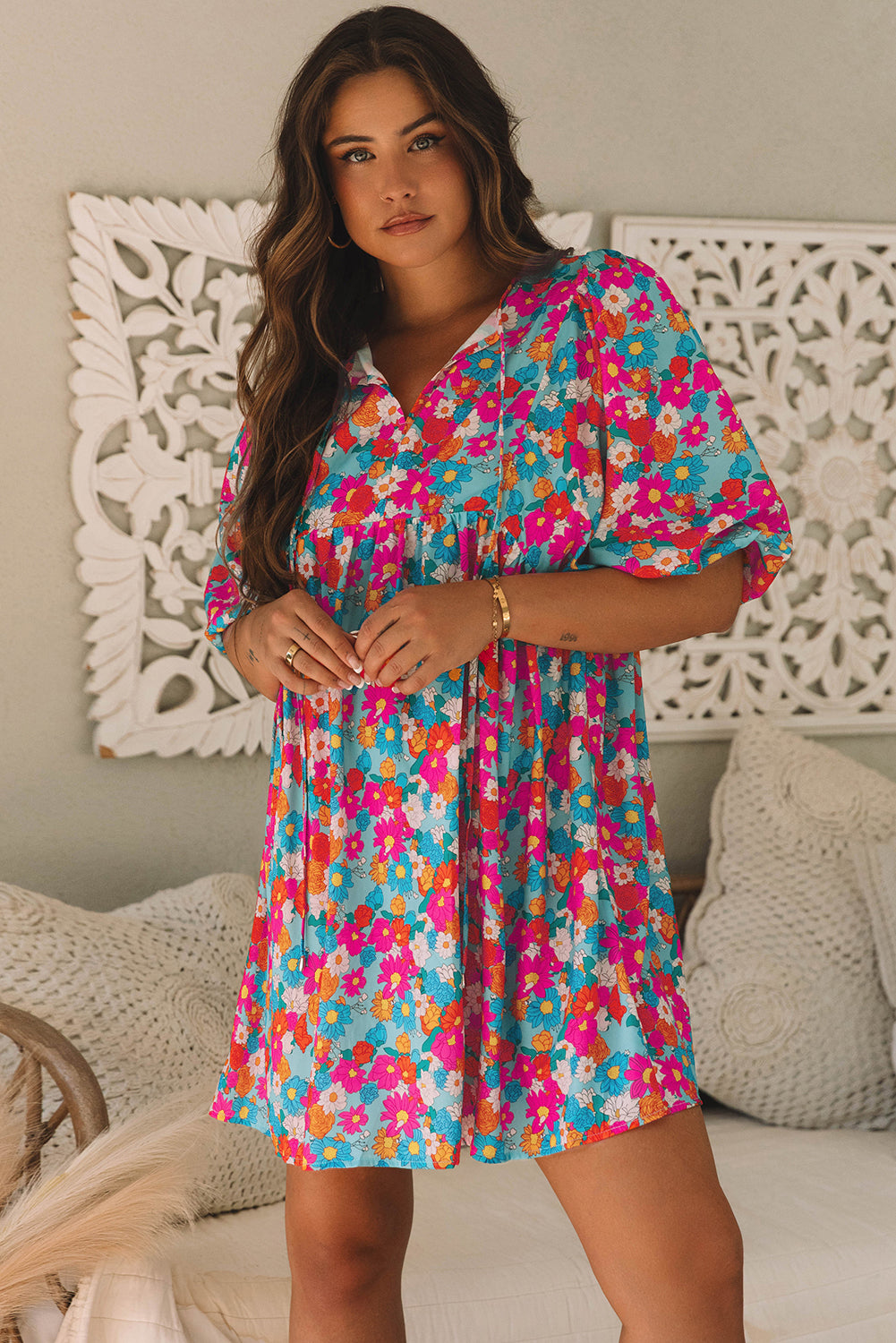 Floral Print Tie Babydoll Dress