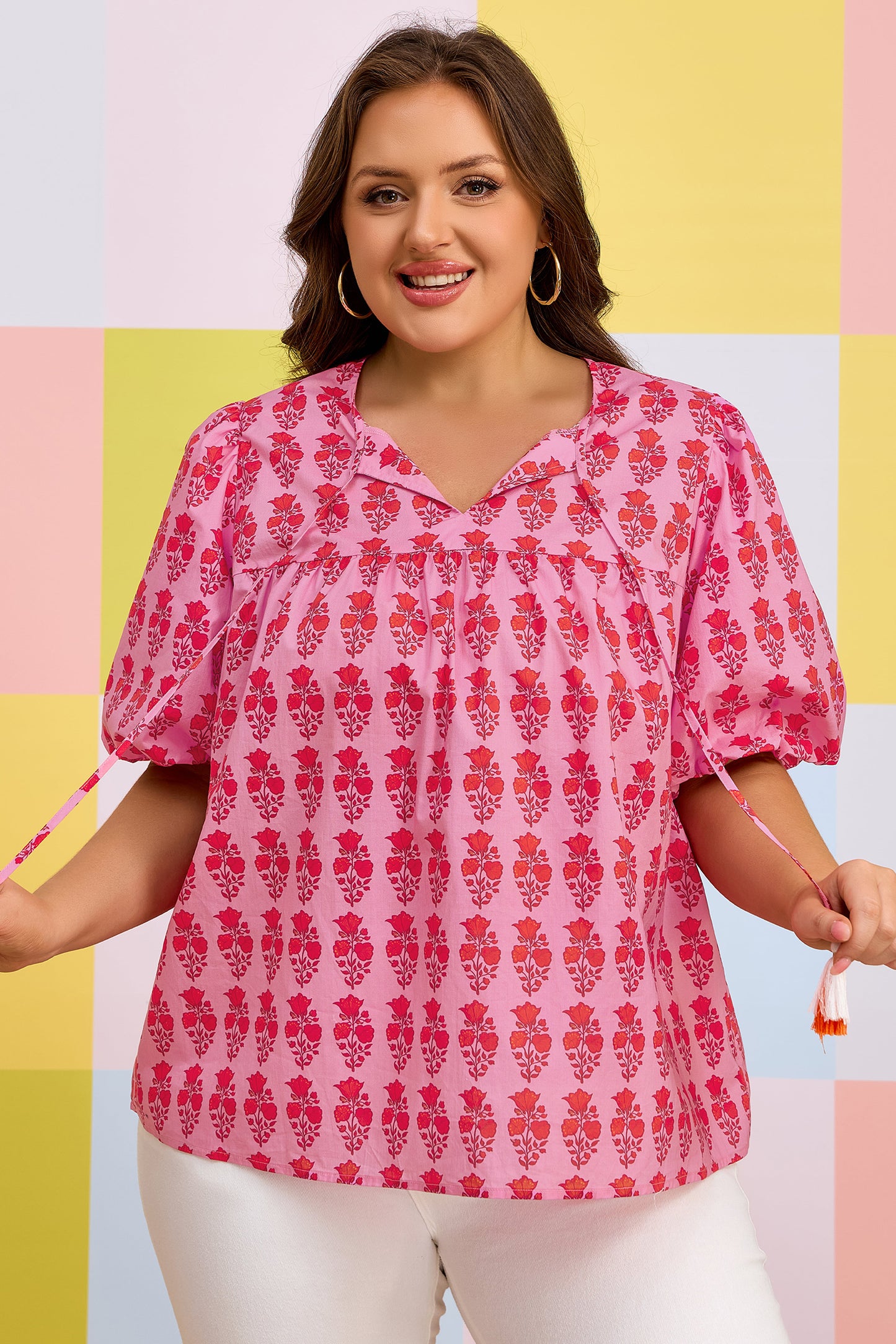 Floral Print Tassel Tie Puff Sleeve Blouse