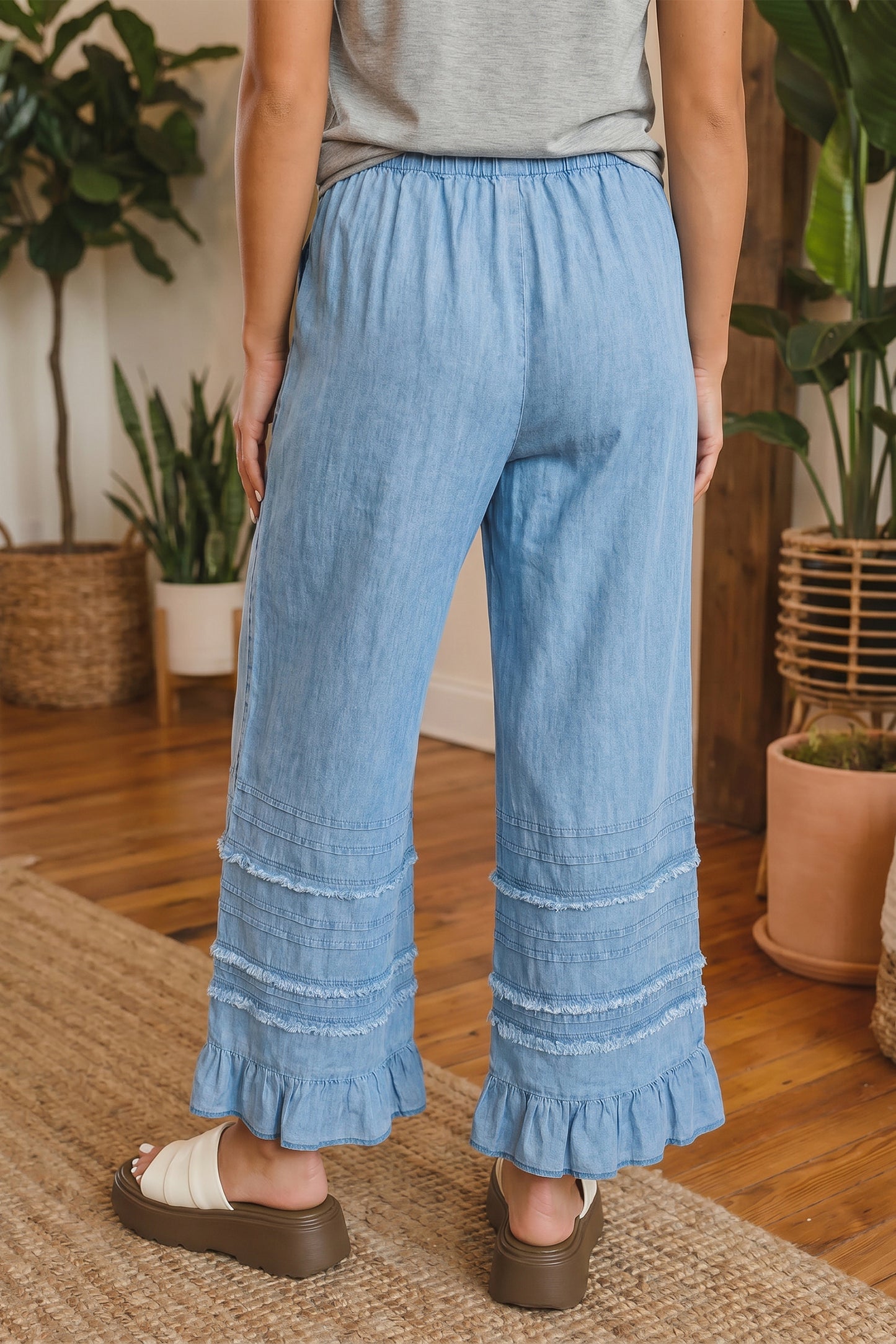 Ruffled Hem Wide Leg Chambray Pants