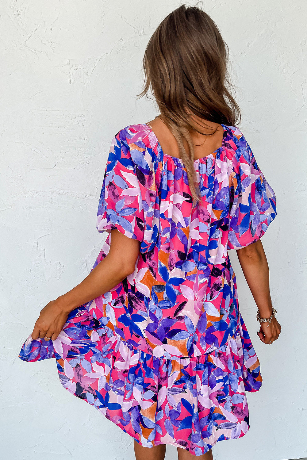 Flower Print Puff Sleeve Ruffled Dress