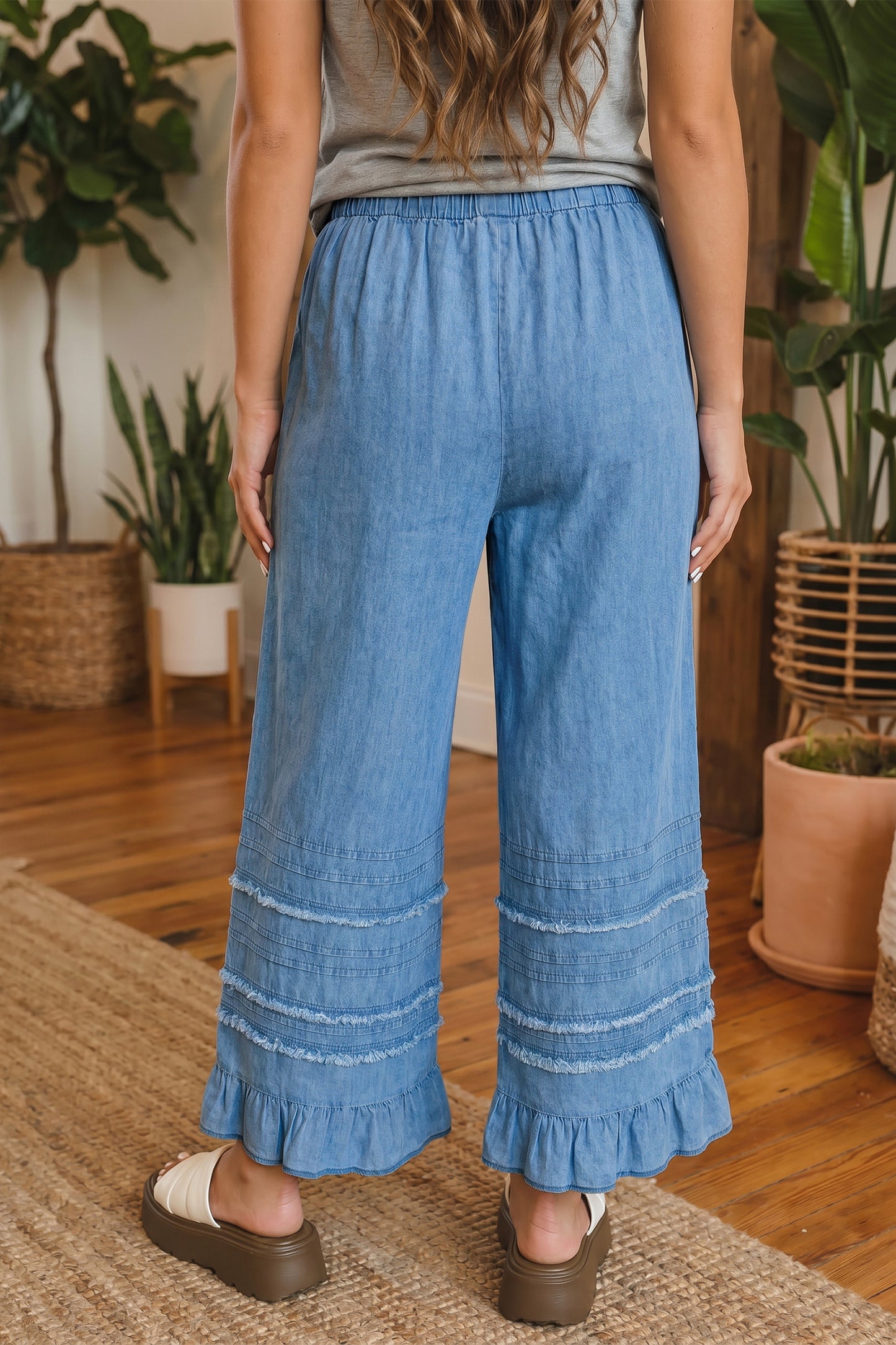 Ruffled Hem Wide Leg Chambray Pants