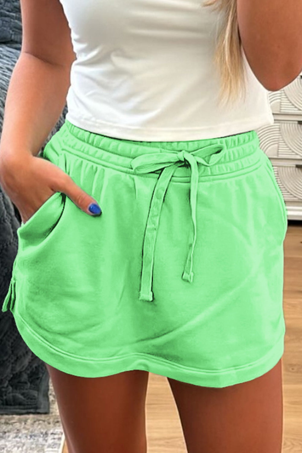 Black French Terry Drawstring Elastic Waistband Mini Skort with Pockets