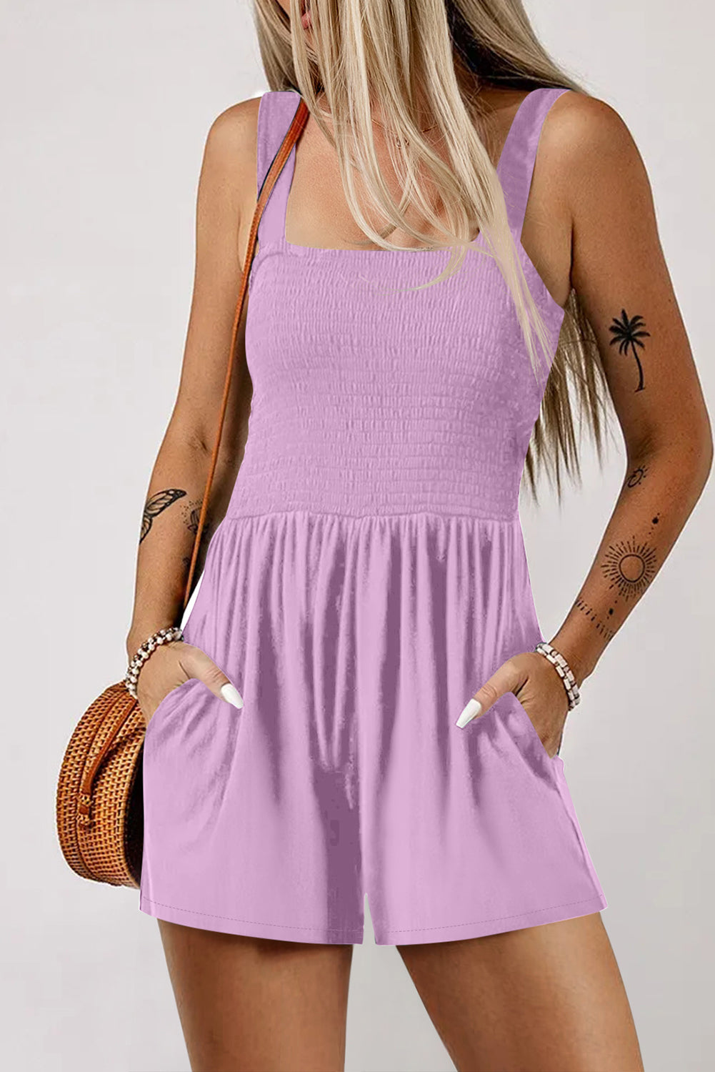 Pocketed Smocked Sleeveless Romper