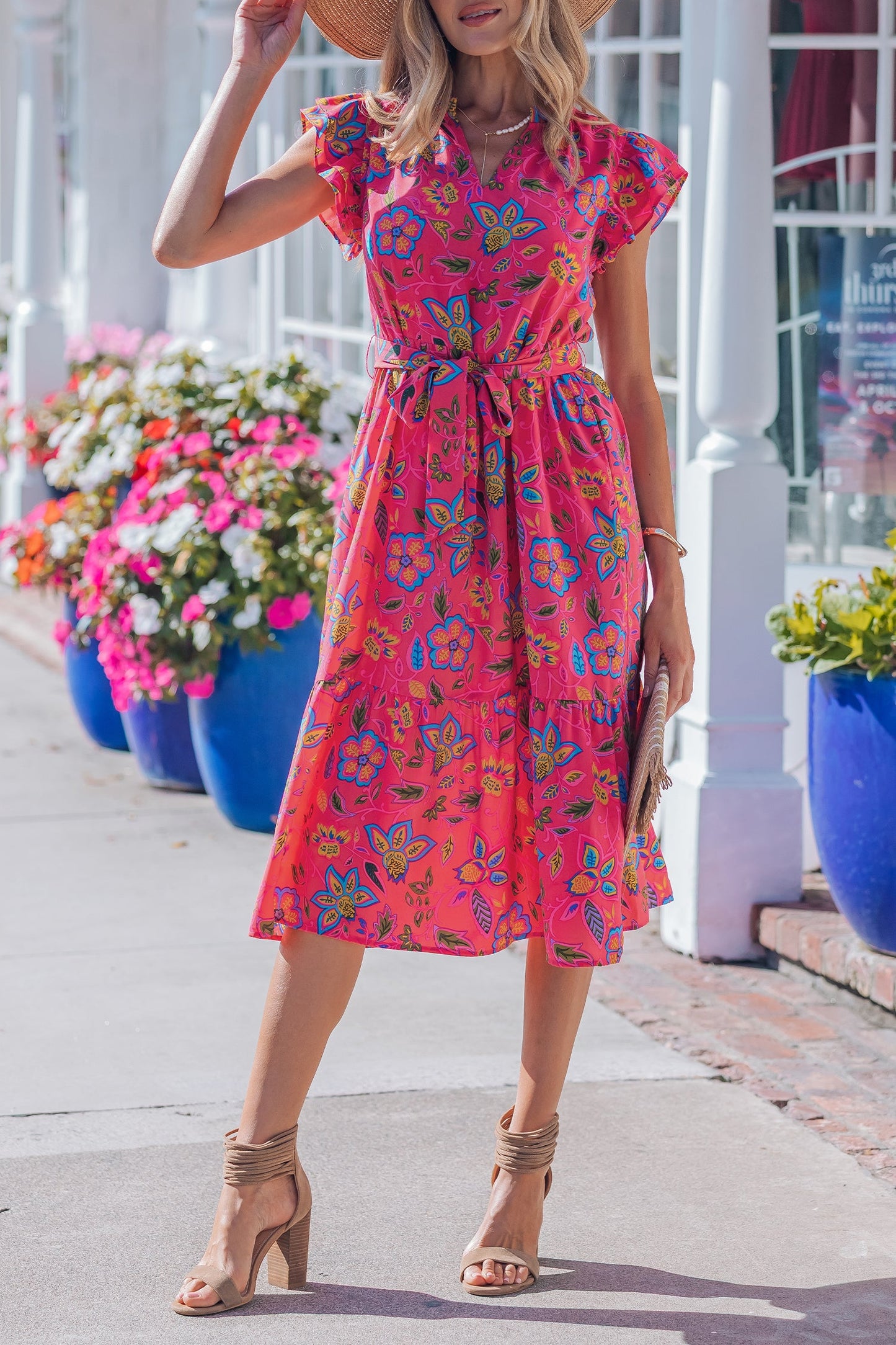 Rose Flutter Sleeve Belted Floral Dress