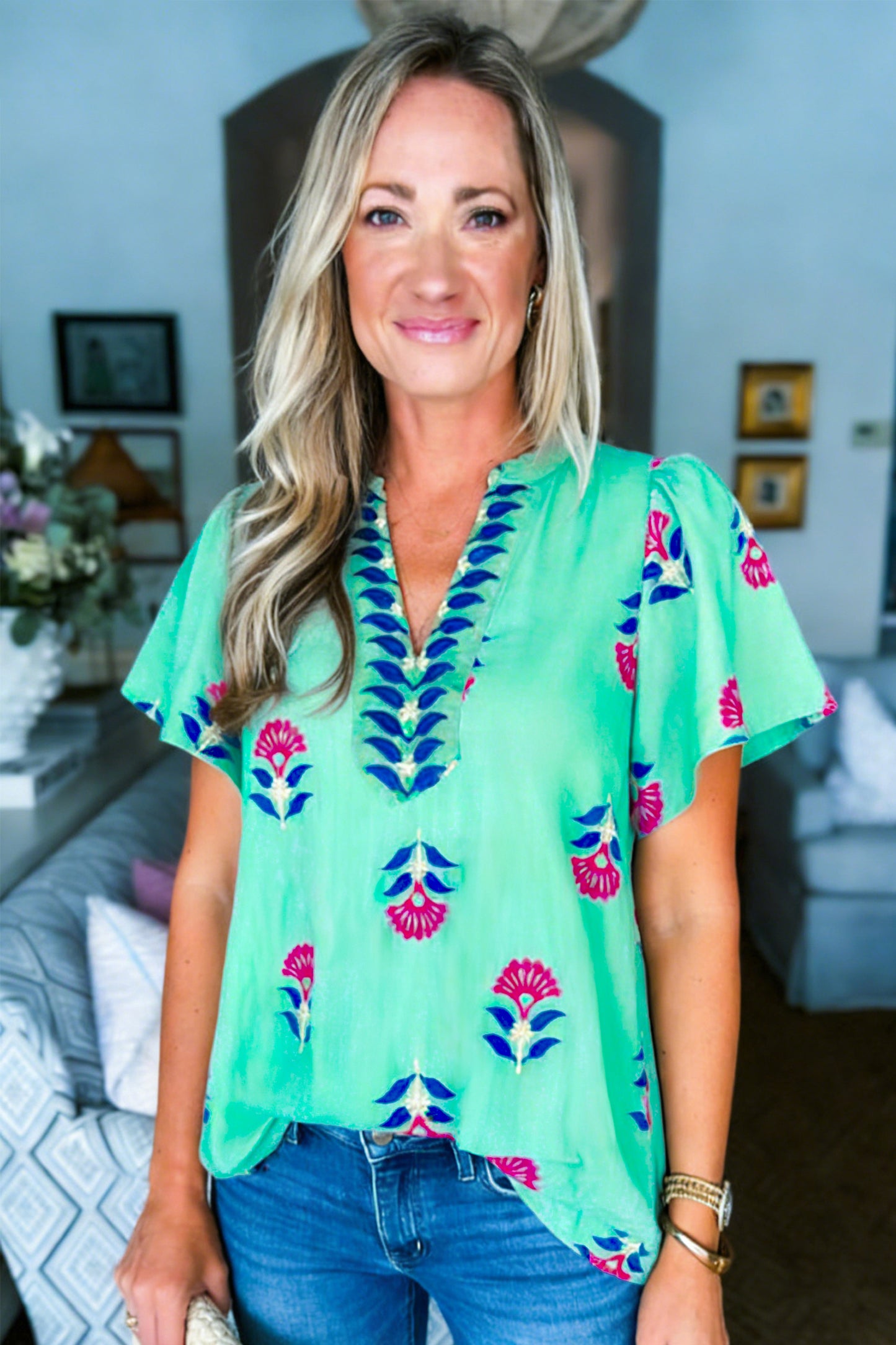 Floral V Neck Flutter Sleeve Blouse