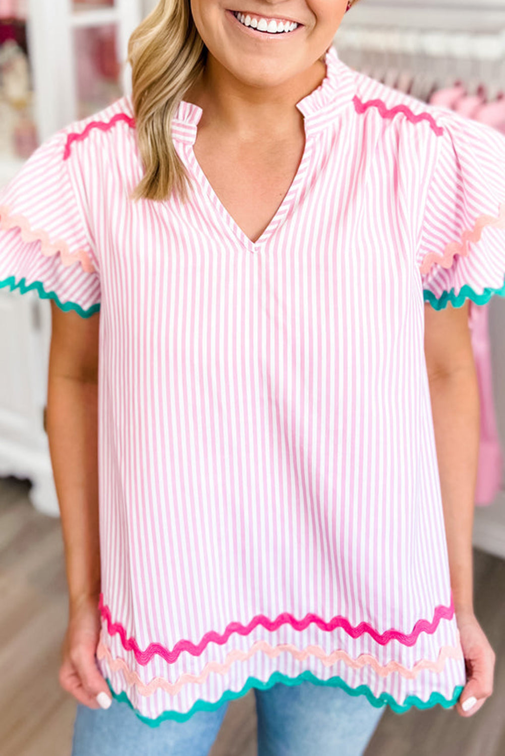 Stripe Ricrac Trim Split Neck Striped Ruffled Sleeve Blouse