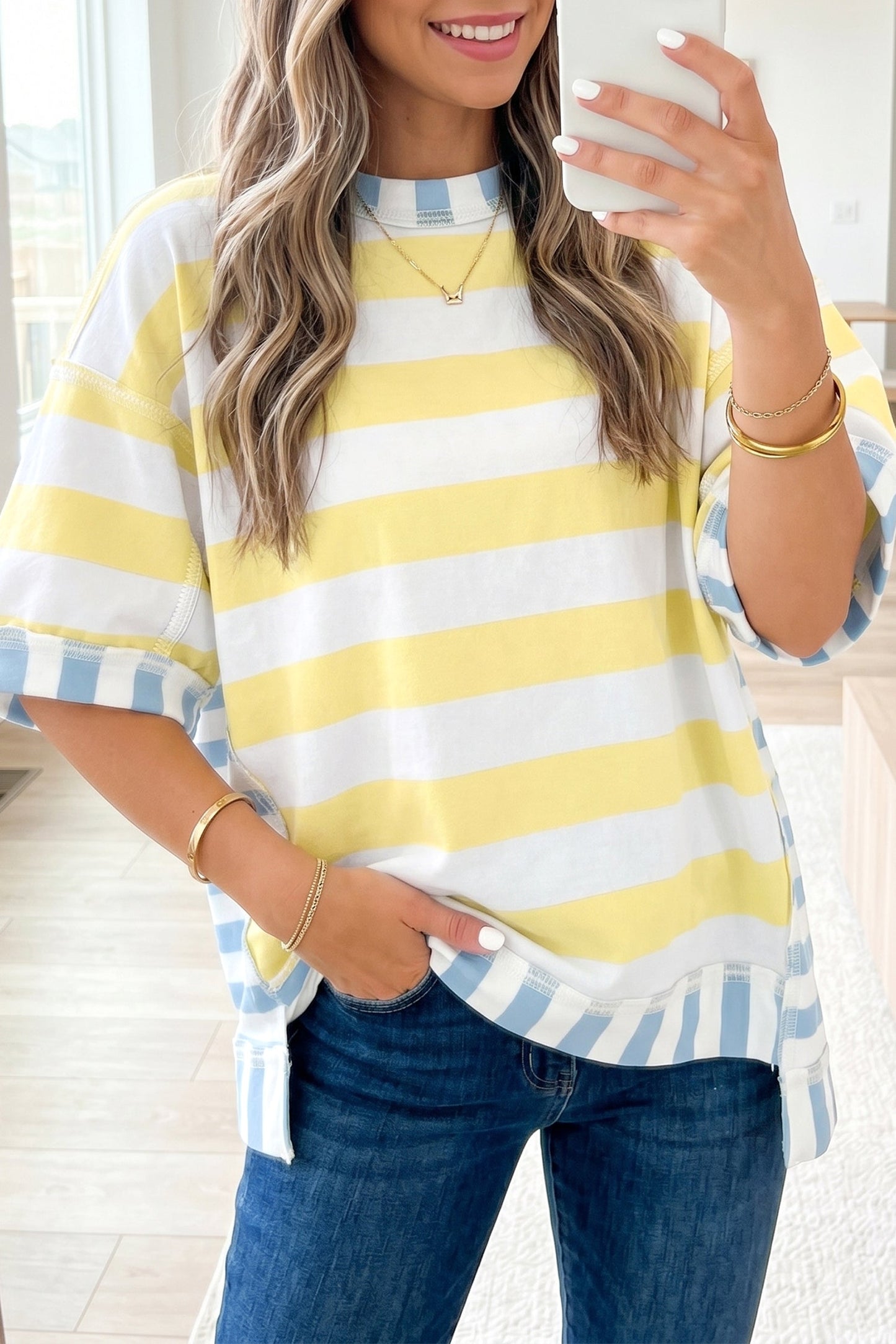 Yellow Stripe Exposed Seam Contrast Patchwork Oversized Top