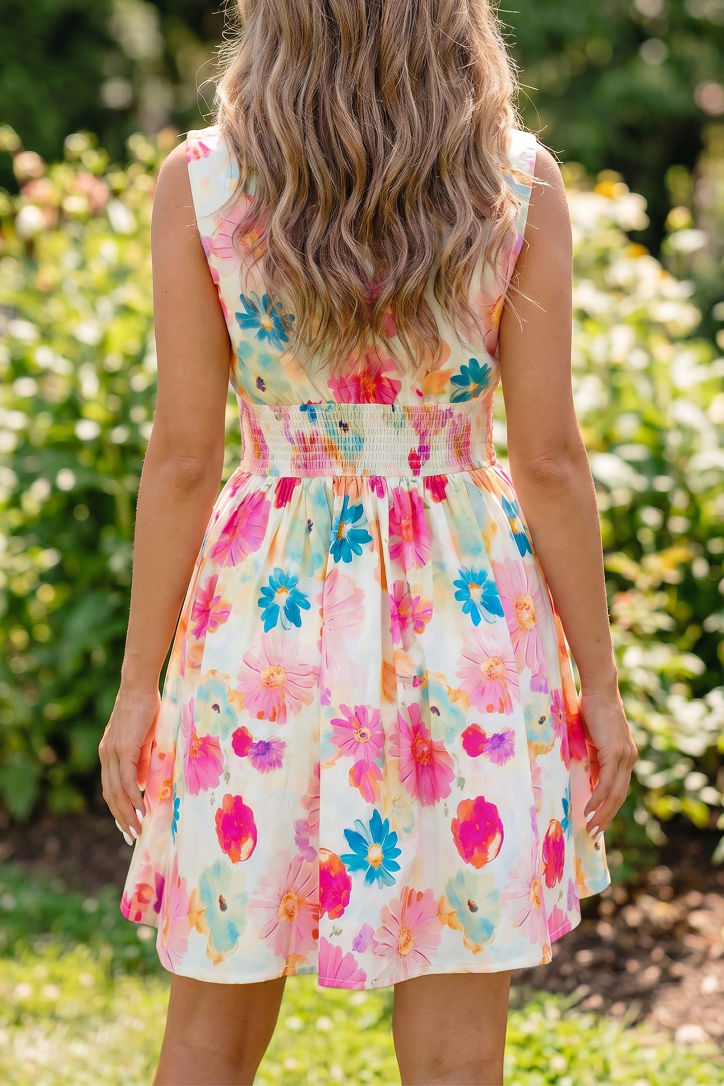 Floral Print V Neck Zip Up Smocked Waist Flared Mini Dress